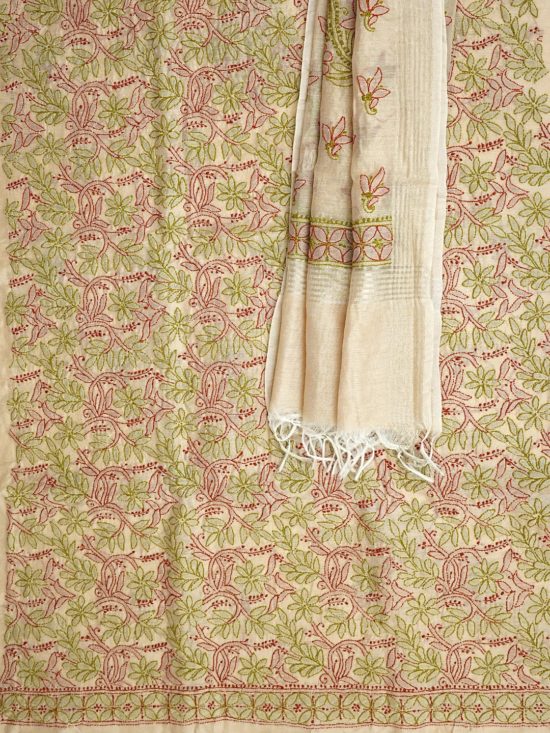 Ada Hand Embroidered Fawn Chanderi Lucknowi Chikankari Unstitched Kurta Dupatta Set 01A980145