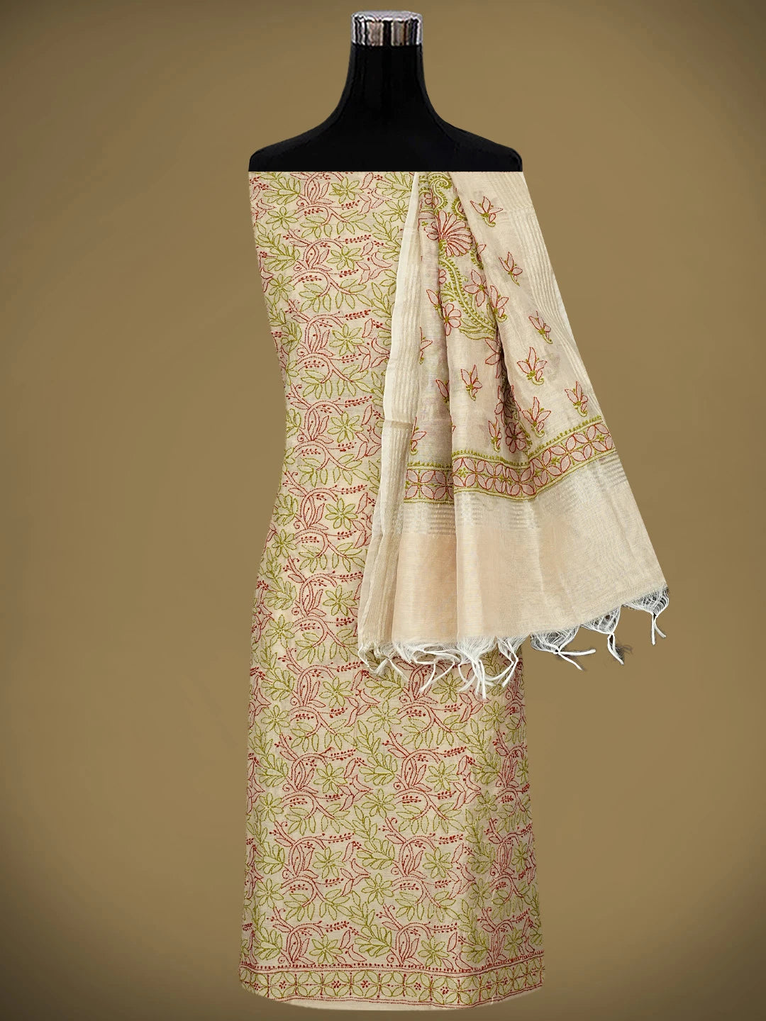 Ada Hand Embroidered Fawn Chanderi Lucknowi Chikankari Unstitched Kurta Dupatta Set 01A980145