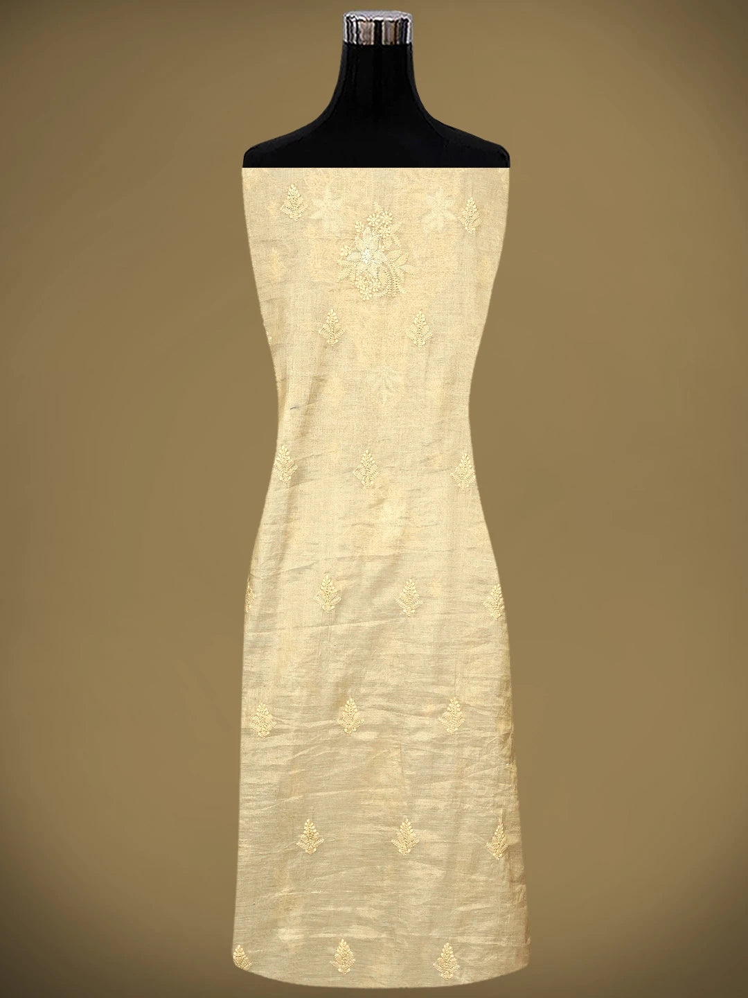 Ada Hand Embroidered Fawn Tissue Lucknowi Chikankari Unstitched Kurta Dupatta Set 01A980101