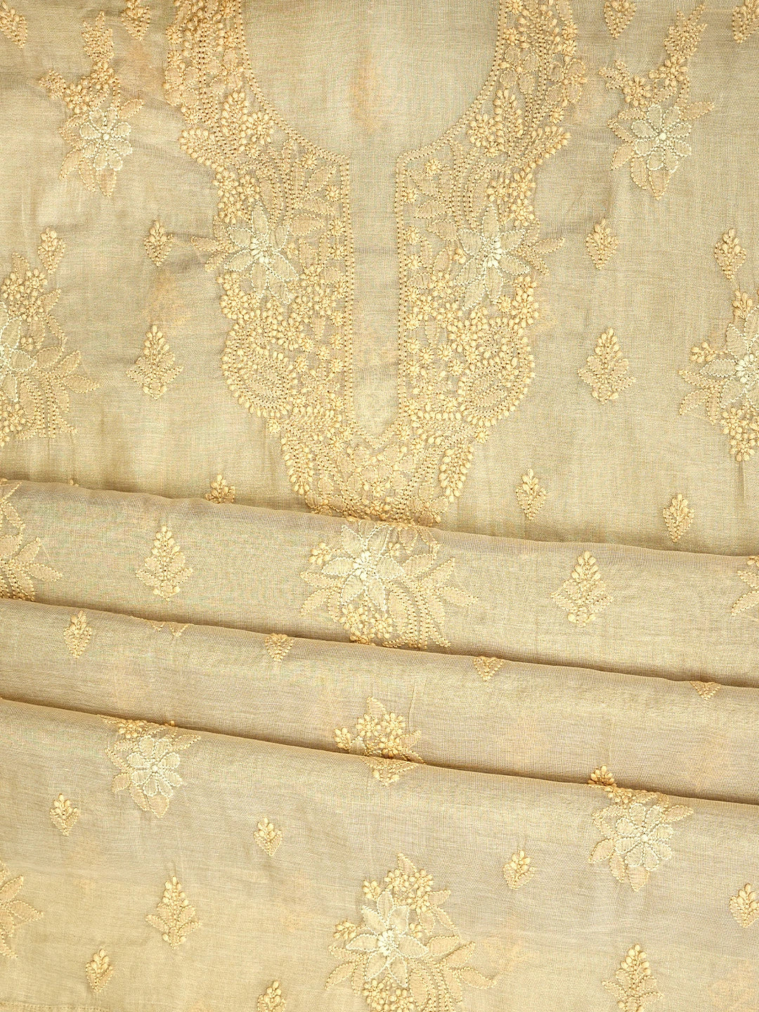Ada Hand Embroidered Fawn Tissue Lucknowi Chikankari Unstitched Kurta Dupatta Set 01A980101