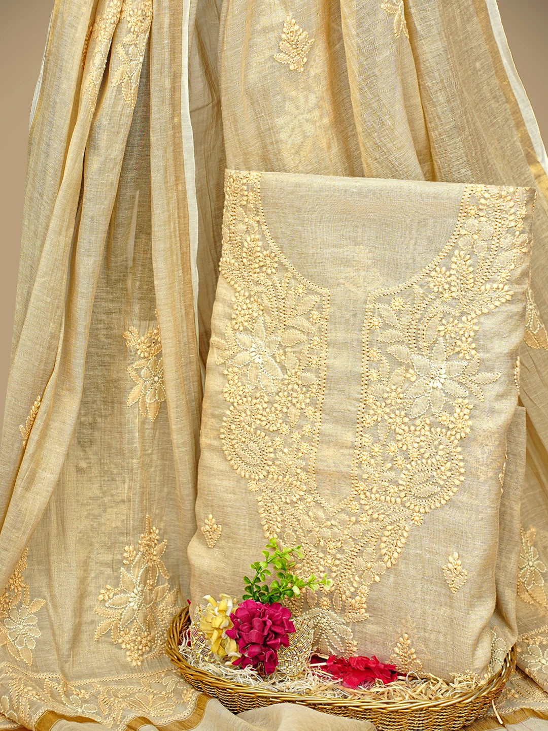 Ada Hand Embroidered Fawn Tissue Lucknowi Chikankari Unstitched Kurta Dupatta Set 01A980101