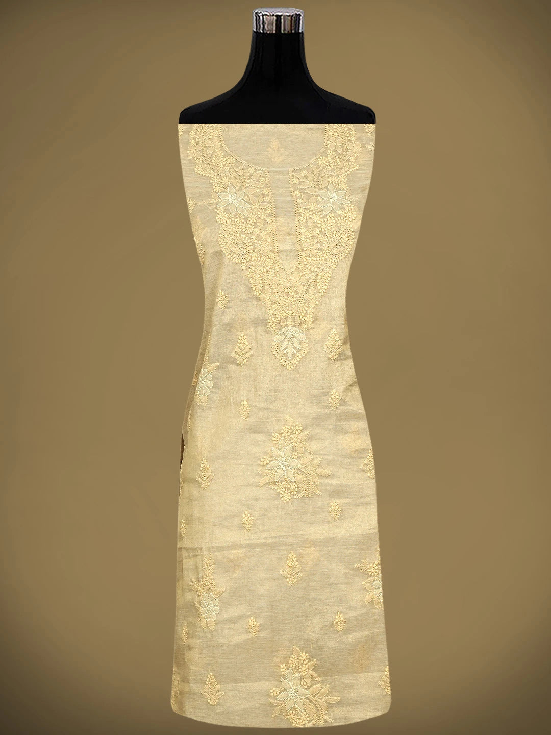 Ada Hand Embroidered Fawn Tissue Lucknowi Chikankari Unstitched Kurta Dupatta Set 01A980101