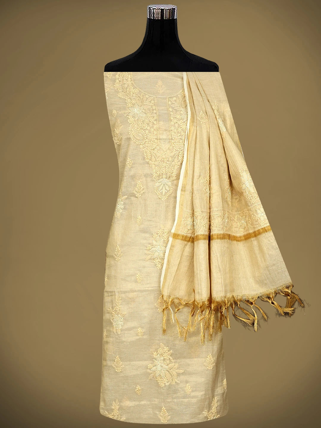 Ada Hand Embroidered Fawn Tissue Lucknowi Chikankari Unstitched Kurta Dupatta Set 01A980101