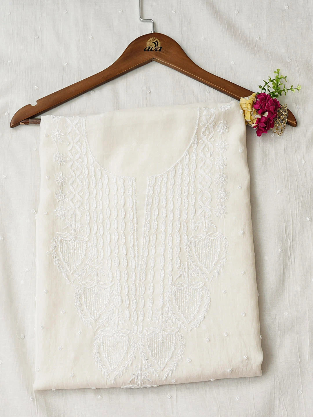 Ada Hand Embroidered White Chanderi Lucknowi Chikankari Unstitched Kurta Dupatta Set With Pearl Work 01A911093