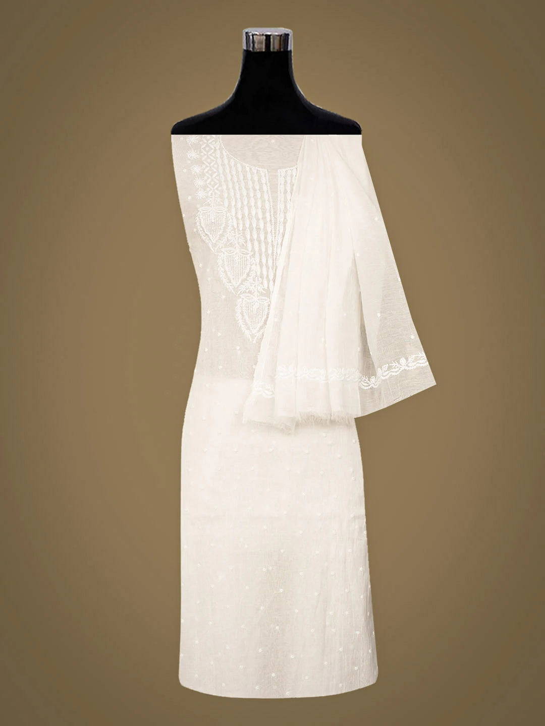 Ada Hand Embroidered White Chanderi Lucknowi Chikankari Unstitched Kurta Dupatta Set With Pearl Work 01A911093