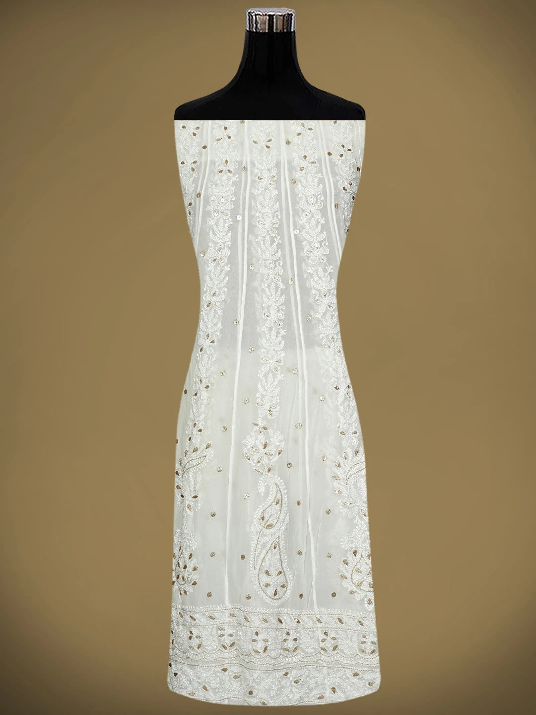 Ada Hand Embroidered Snow White Viscose Gerogette Lucknowi Chikankari Semi-Stitched Anarkali Kurta Dupatta Set With Gota Patti Work 01A980055