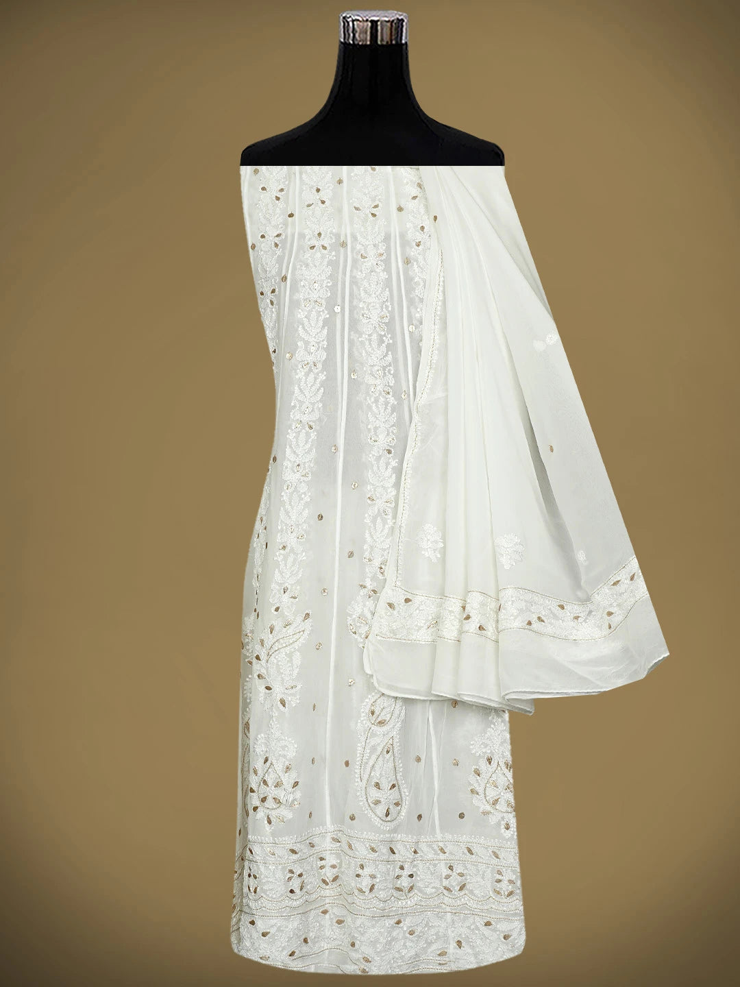 Ada Hand Embroidered Snow White Viscose Gerogette Lucknowi Chikankari Semi-Stitched Anarkali Kurta Dupatta Set With Gota Patti Work 01A980055