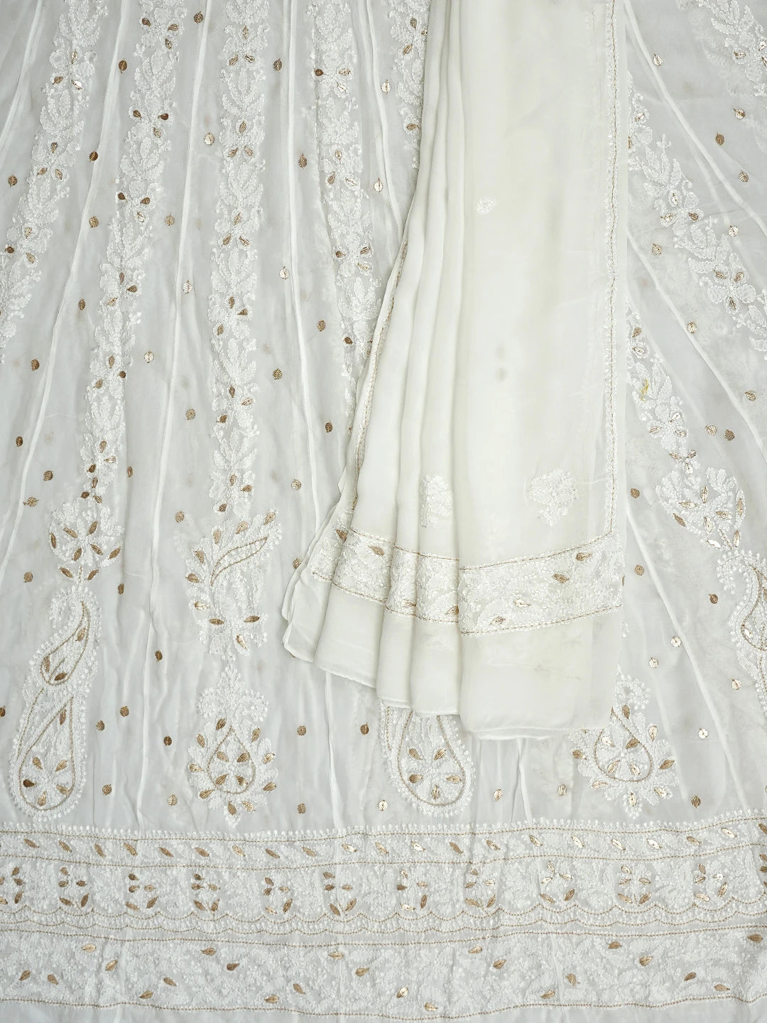 Ada Hand Embroidered Snow White Viscose Gerogette Lucknowi Chikankari Semi-Stitched Anarkali Kurta Dupatta Set With Gota Patti Work 01A980055