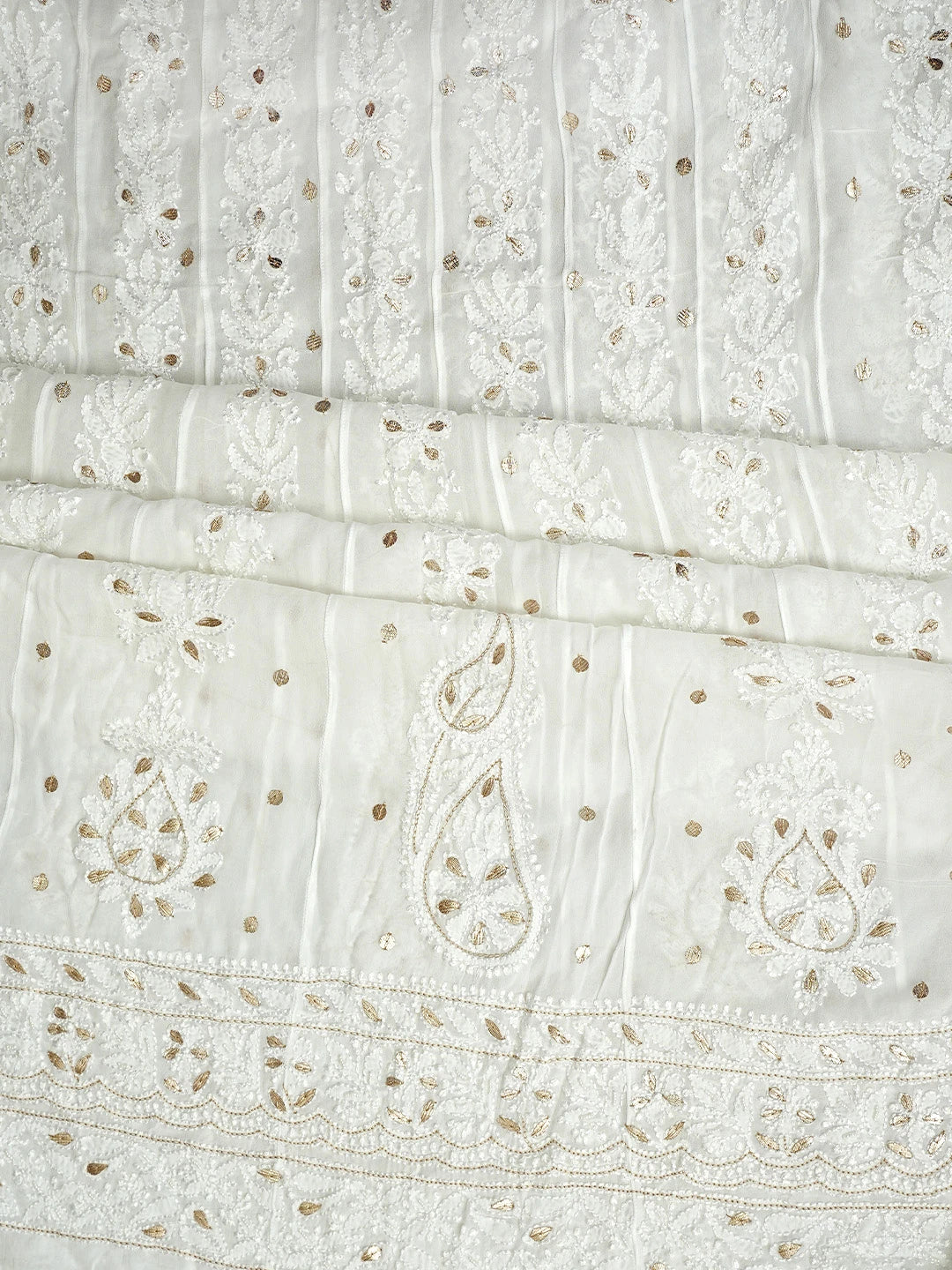 Ada Hand Embroidered Snow White Viscose Gerogette Lucknowi Chikankari Semi-Stitched Anarkali Kurta Dupatta Set With Gota Patti Work 01A980055