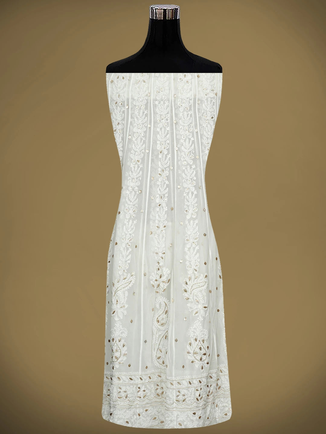 Ada Hand Embroidered Snow White Viscose Gerogette Lucknowi Chikankari Semi-Stitched Anarkali Kurta Dupatta Set With Gota Patti Work 01A980055