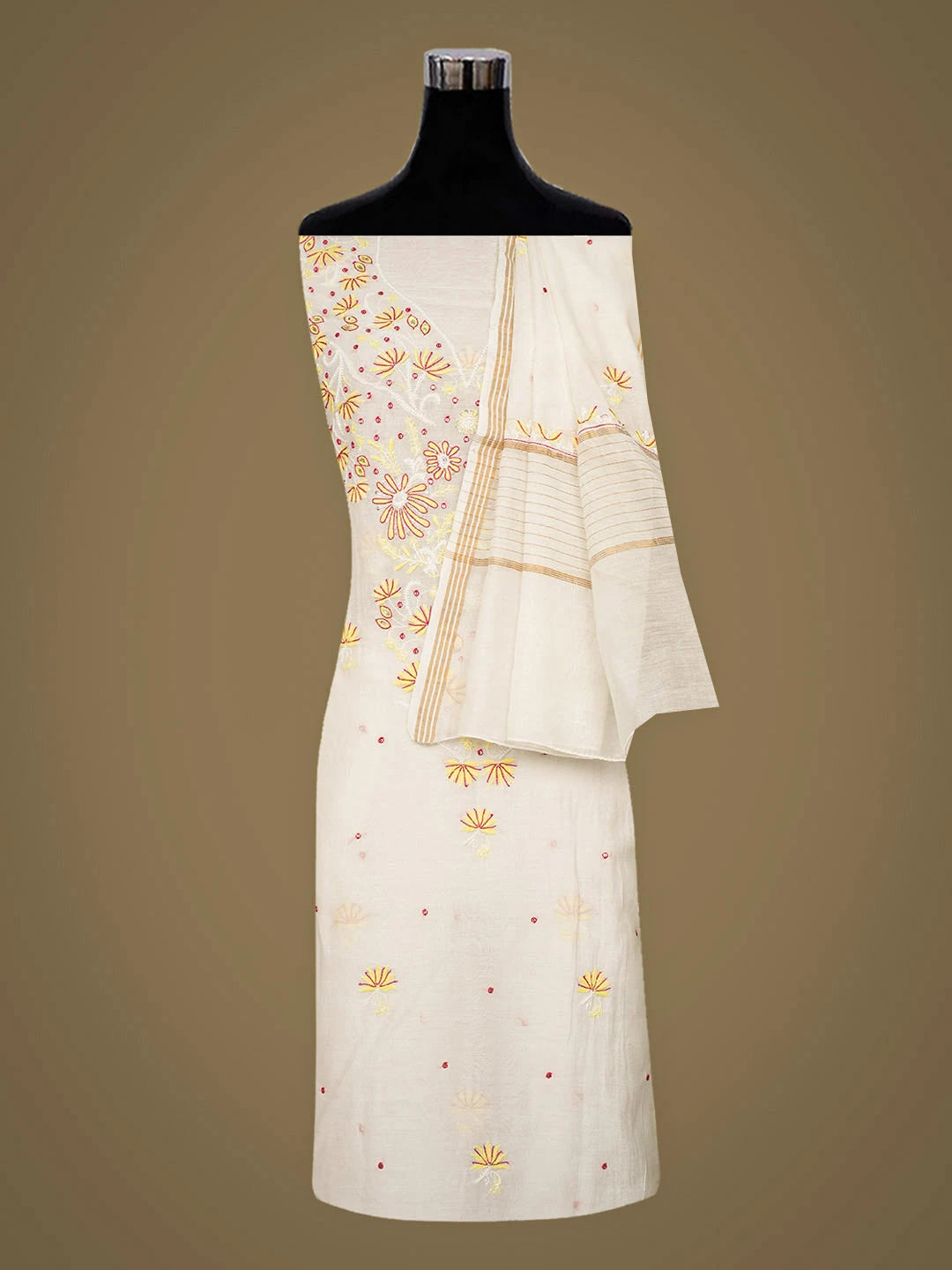 Ada Hand Embroidered White Chanderi Lucknowi Chikankari Unstitched Kurta Dupatta Set With Pearl Work 01A752420