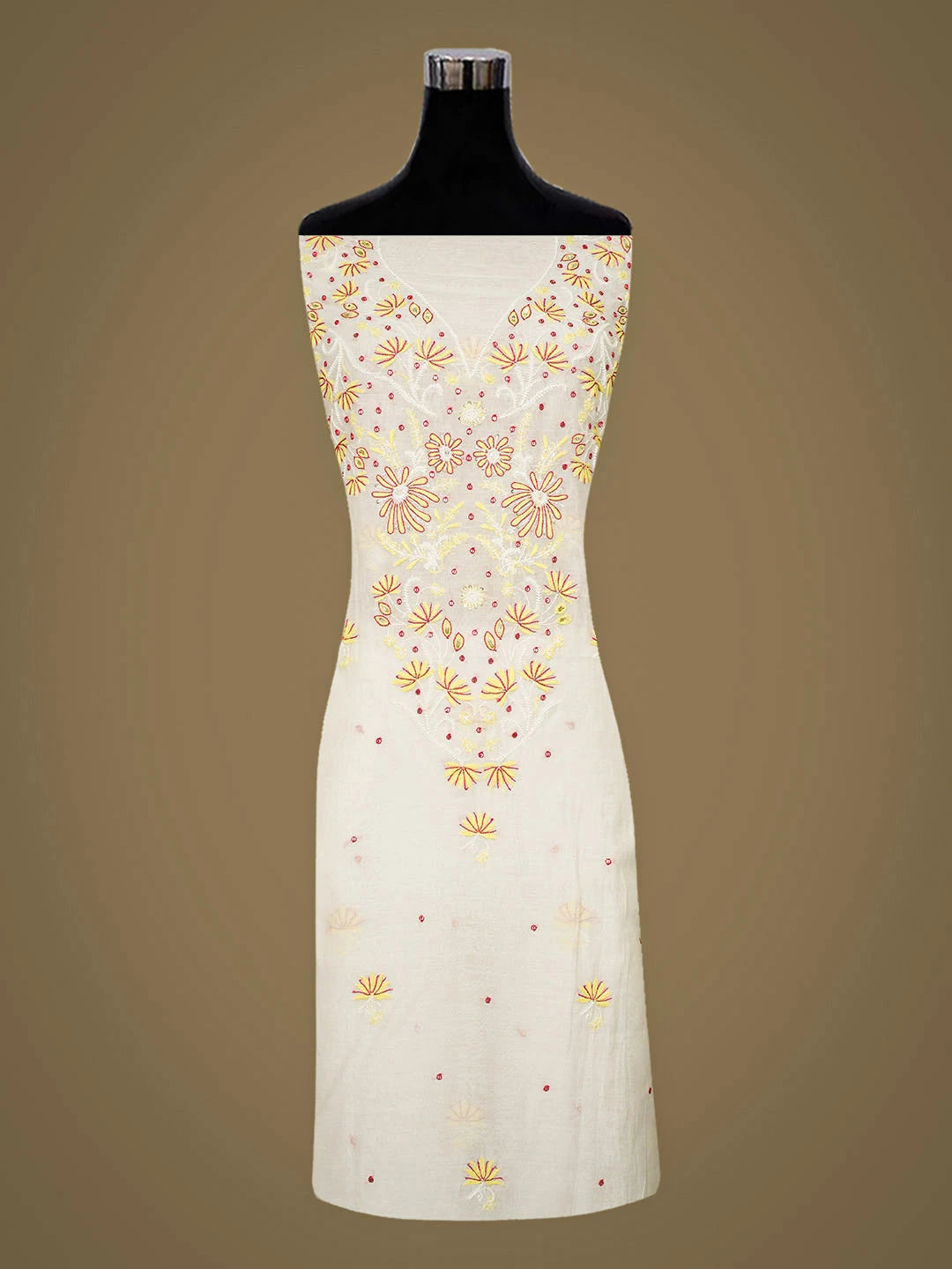 Ada Hand Embroidered White Chanderi Lucknowi Chikankari Unstitched Kurta Dupatta Set With Pearl Work 01A752420