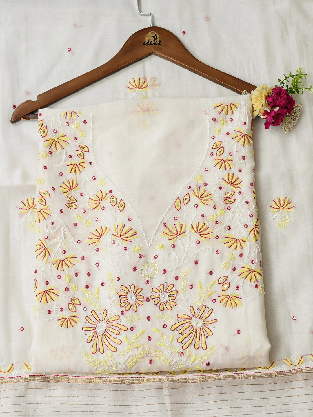 Ada Hand Embroidered White Chanderi Lucknowi Chikankari Unstitched Kurta Dupatta Set With Pearl Work 01A752420
