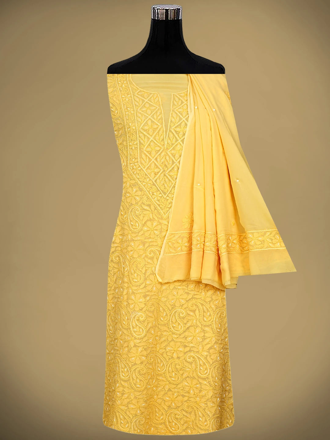Ada Hand Embroidered Yellow Viscose Georgette Lucknowi Chikankari Unstitched Kurta Dupatta Set With Zari Work 01A962562