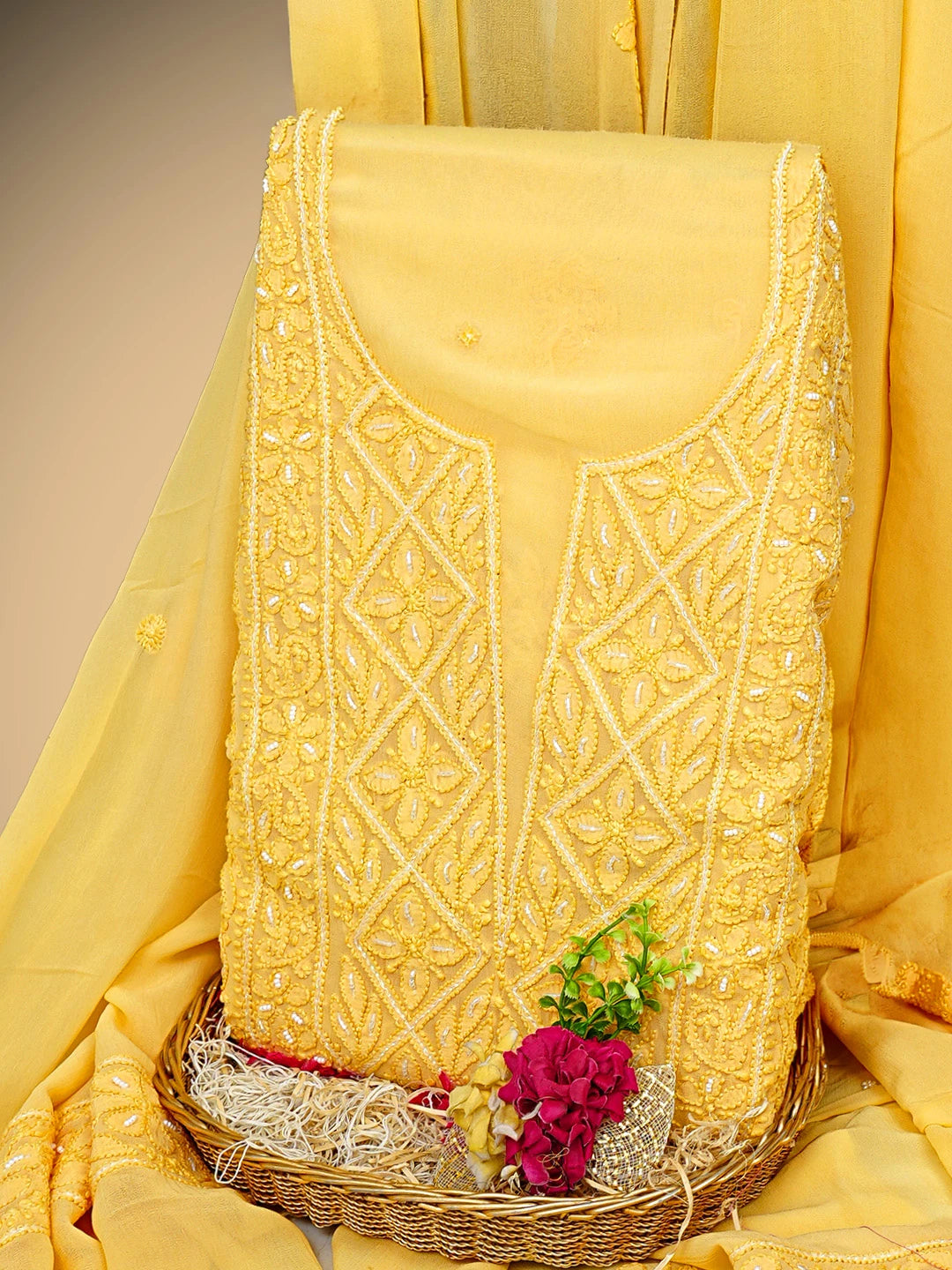Ada Hand Embroidered Yellow Viscose Georgette Lucknowi Chikankari Unstitched Kurta Dupatta Set With Zari Work 01A962562