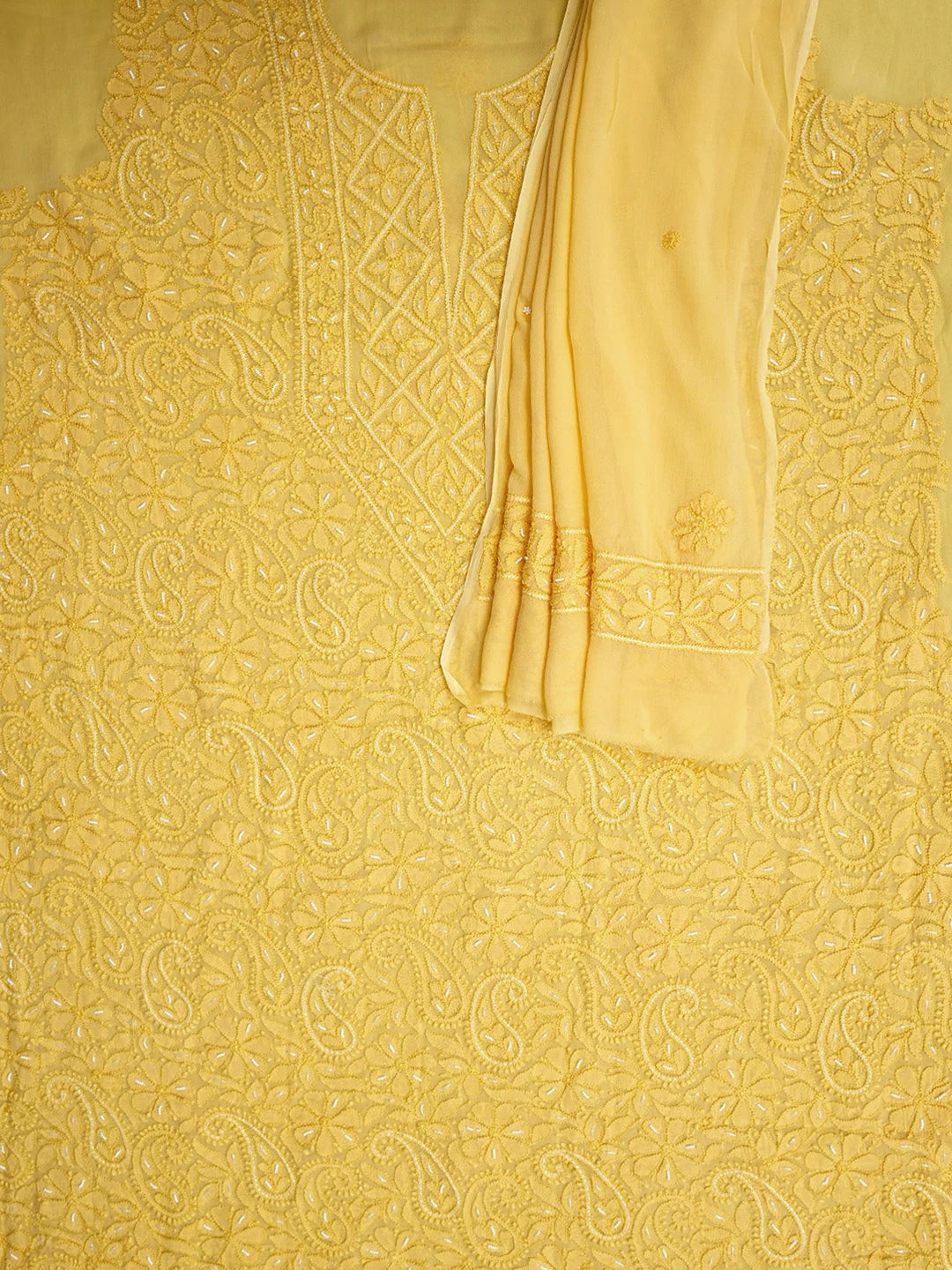 Ada Hand Embroidered Yellow Viscose Georgette Lucknowi Chikankari Unstitched Kurta Dupatta Set With Zari Work 01A962562