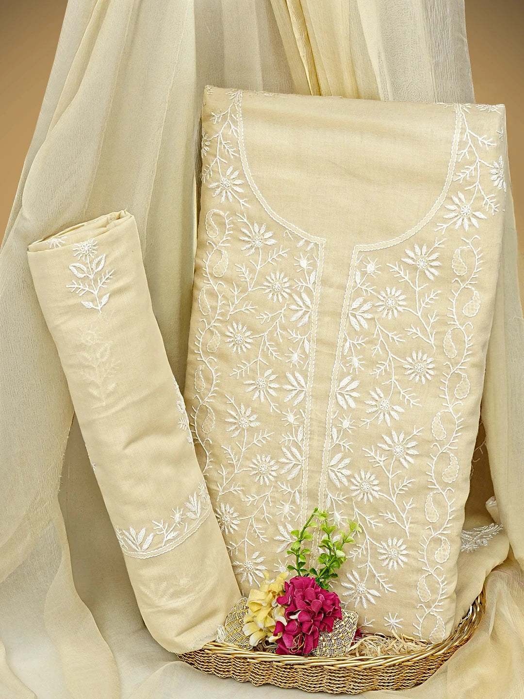 Ada Hand Embroidered Fawn Cotton Lucknowi Chikankari Unstitched Suit Piece 01A773779