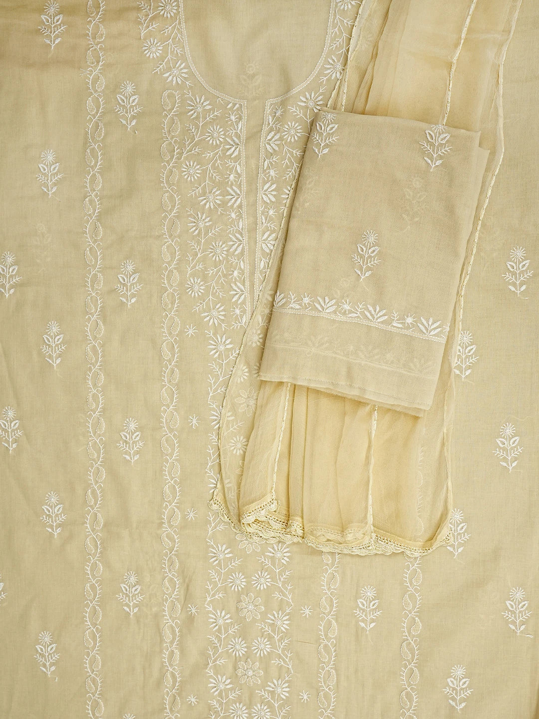 Ada Hand Embroidered Fawn Cotton Lucknowi Chikankari Unstitched Suit Piece 01A773779