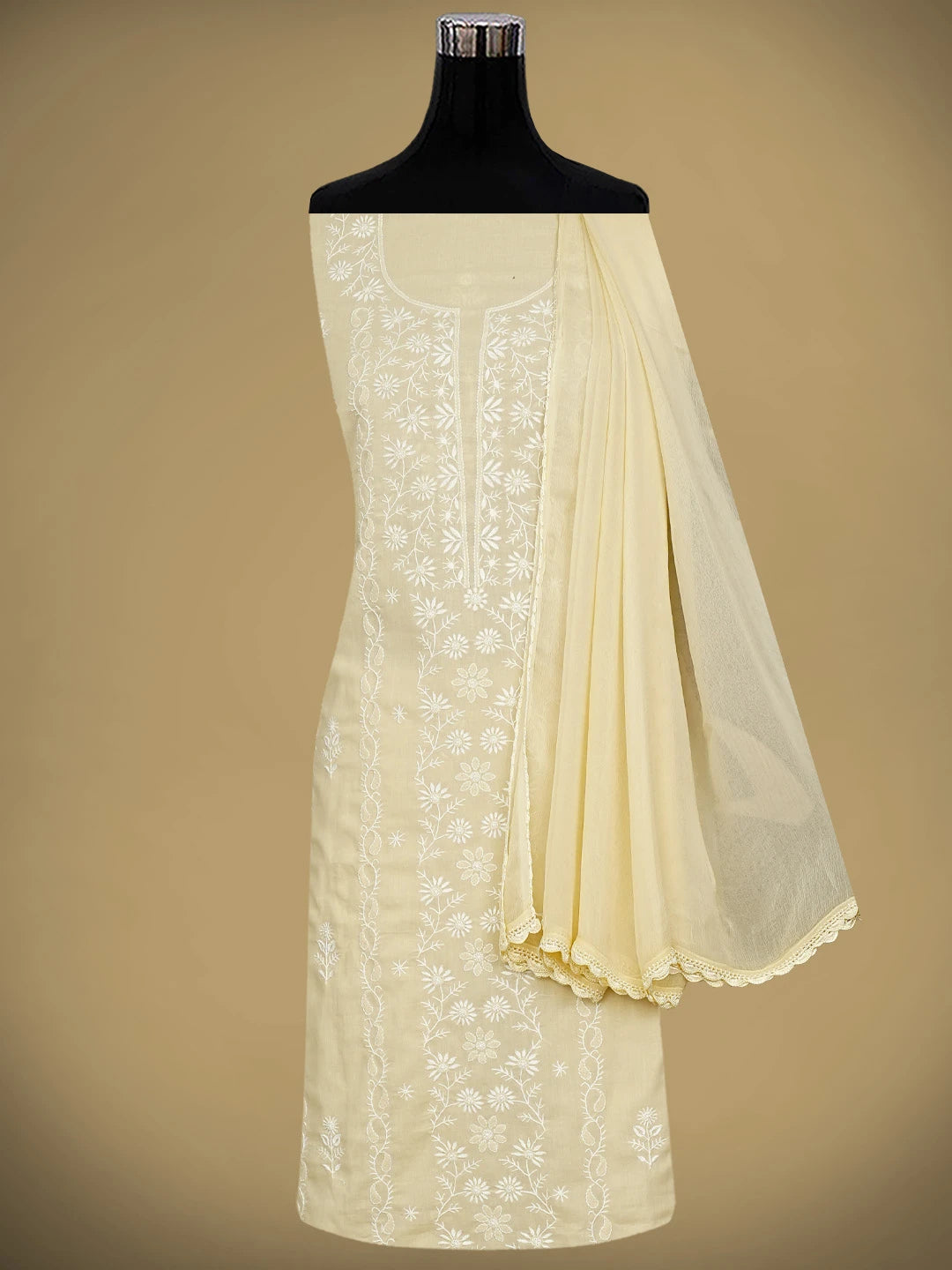 Ada Hand Embroidered Fawn Cotton Lucknowi Chikankari Unstitched Suit Piece 01A773779