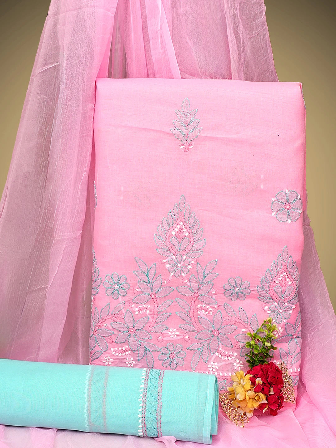 Ada Hand Embroidered Pink Cotton Lucknowi Chikankari Unstitched Suit Piece 01A879320