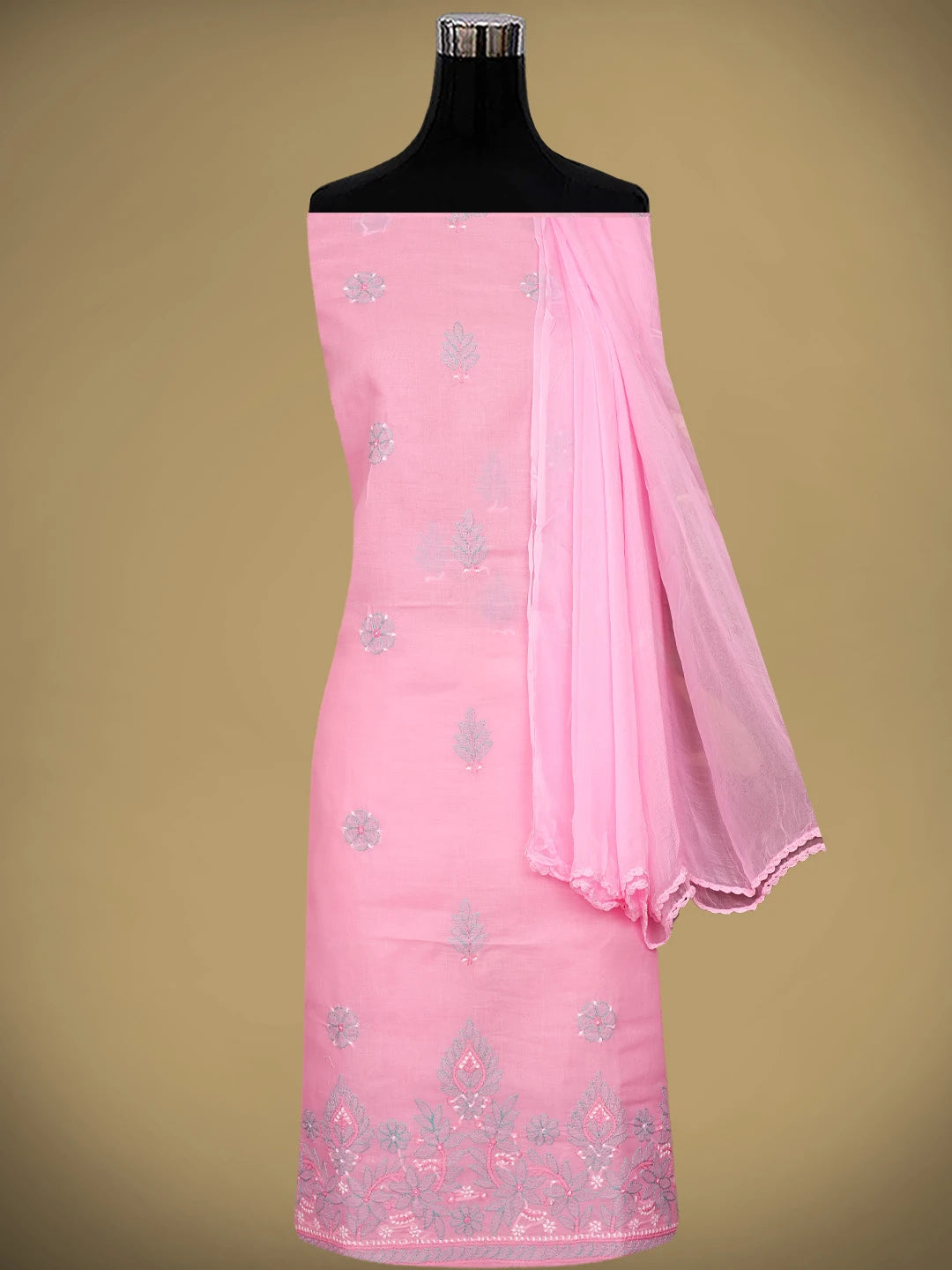 Ada Hand Embroidered Pink Cotton Lucknowi Chikankari Unstitched Suit Piece 01A879320