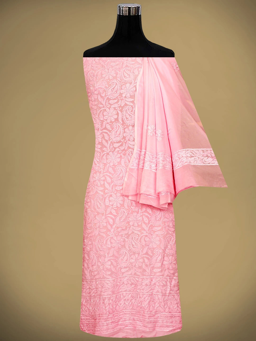 Ada Hand Embroidered Pink Viscose Georgette Lucknowi Chikankari Unstitched Kurta Dupatta Set With Cutdana Work 01A962641