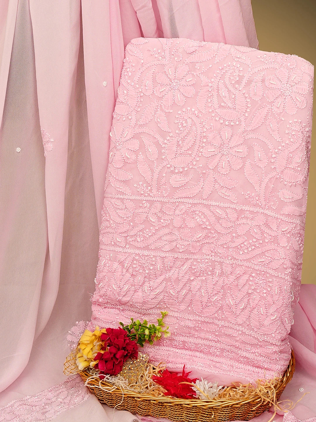 Ada Hand Embroidered Pink Viscose Georgette Lucknowi Chikankari Unstitched Kurta Dupatta Set With Cutdana Work 01A962641