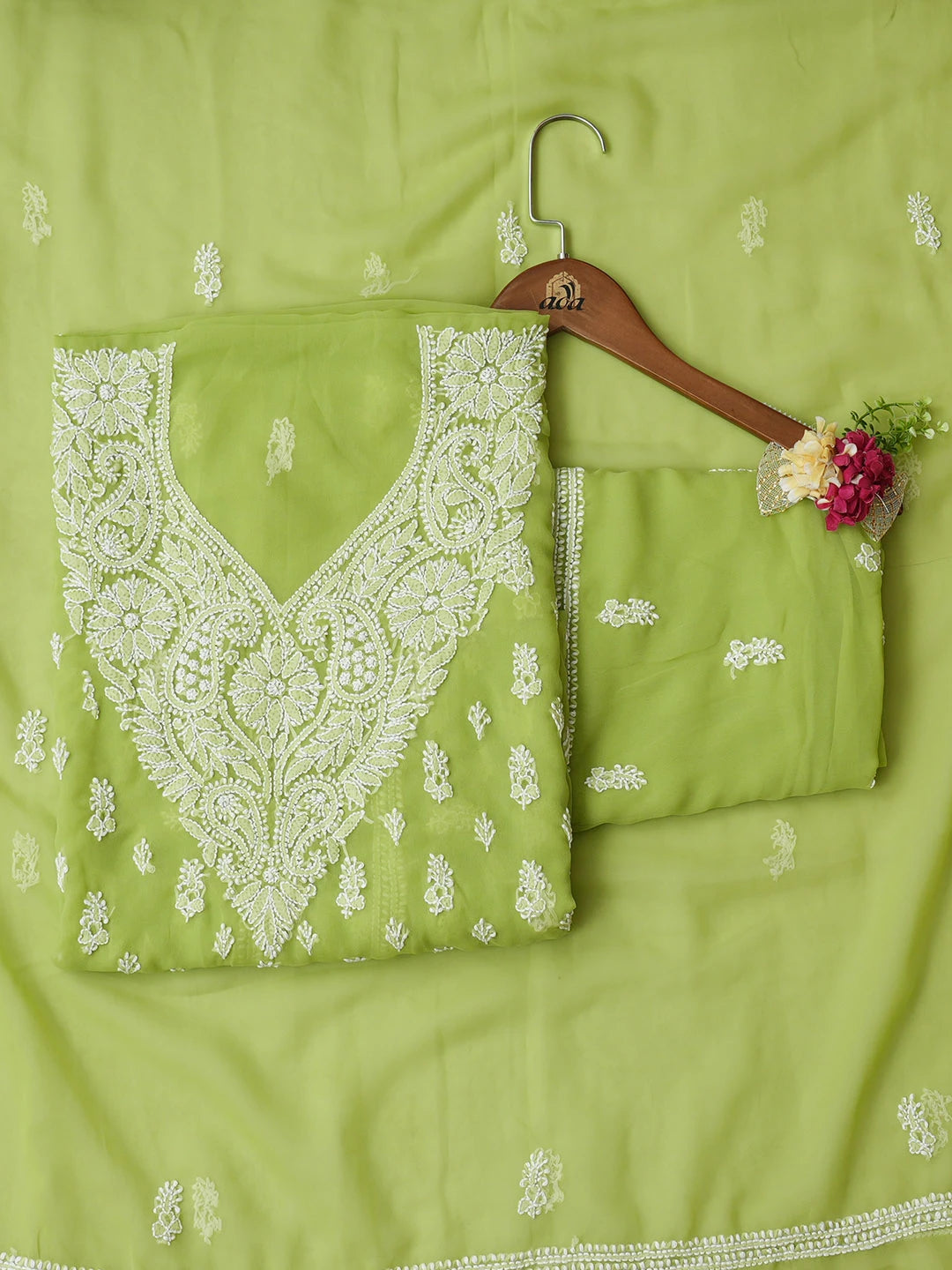Ada Hand Embroidered Lime Green Faux Georgette Lucknowi Chikankari Unstitched Suit Piece 01A917956
