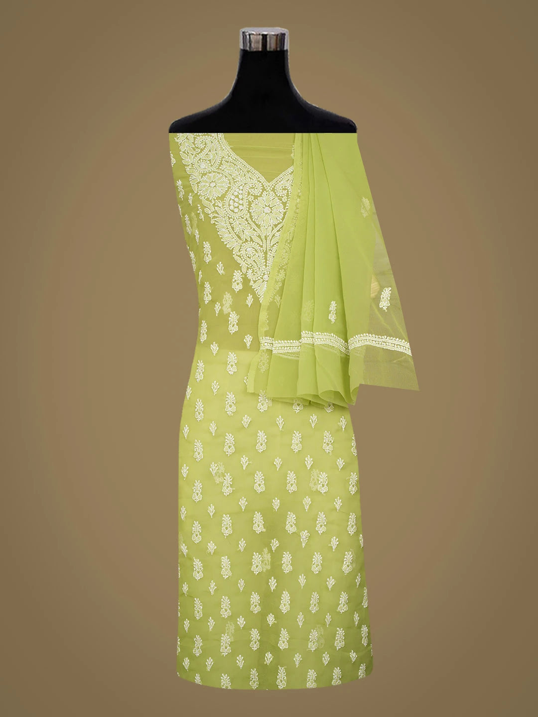 Ada Hand Embroidered Lime Green Faux Georgette Lucknowi Chikankari Unstitched Suit Piece 01A917956