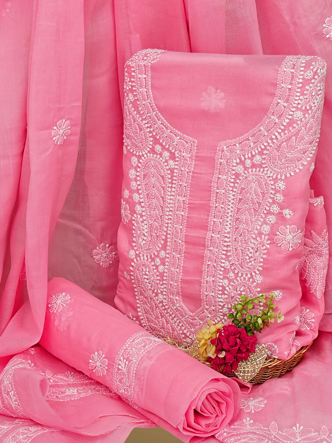 Ada Hand Embroidered Rose Pink Cotton Lucknowi Chikankari Unstitched Suit Piece 01A896027