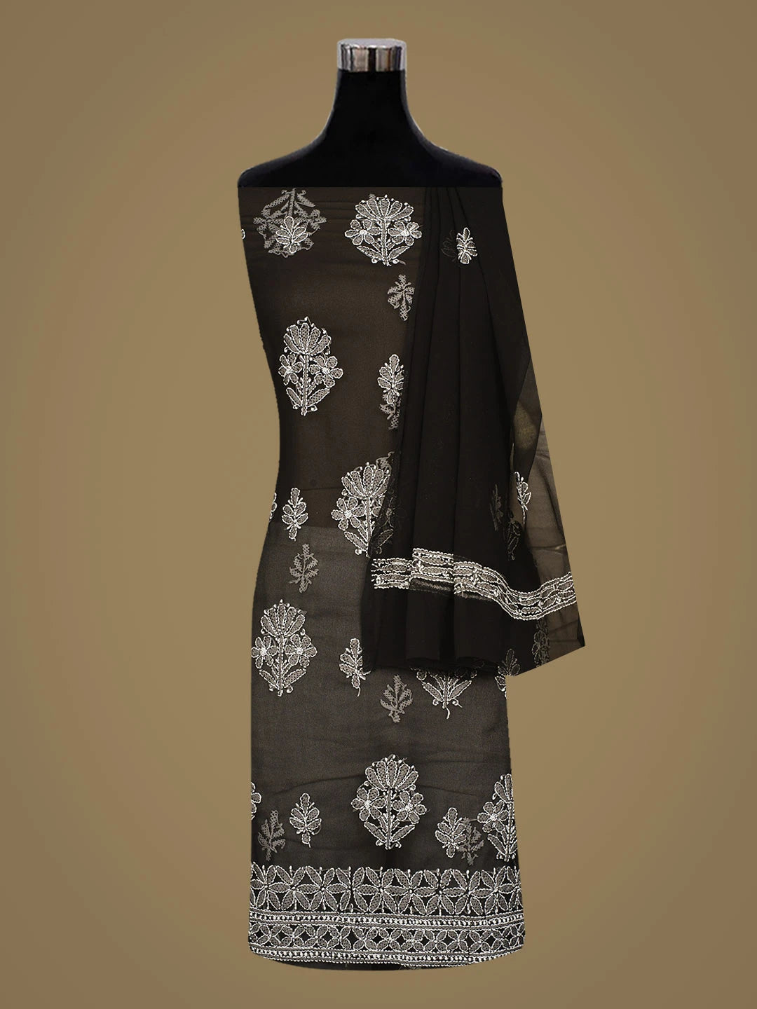 Ada Hand Embroidered Black Faux Georgette Lucknowi Chikankari Unstitched Suit Piece 01A548678