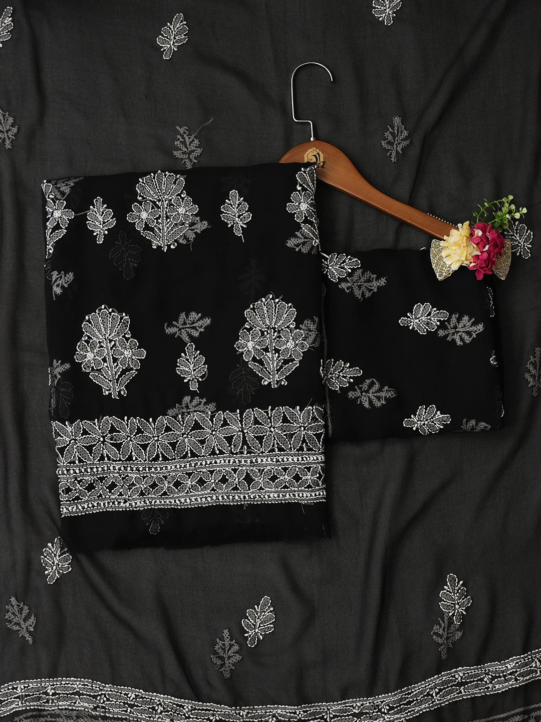 Ada Hand Embroidered Black Faux Georgette Lucknowi Chikankari Unstitched Suit Piece 01A548678
