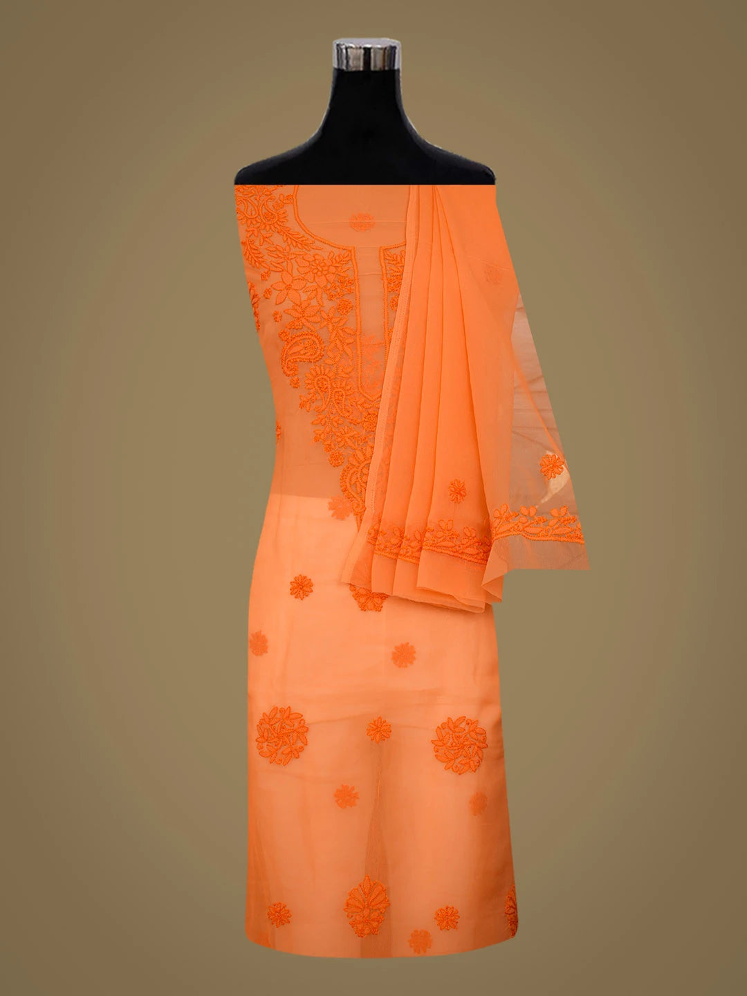 Ada Hand Embroidered Orange Faux Georgette Lucknowi Chikankari Unstitched Suit Piece 01A966622