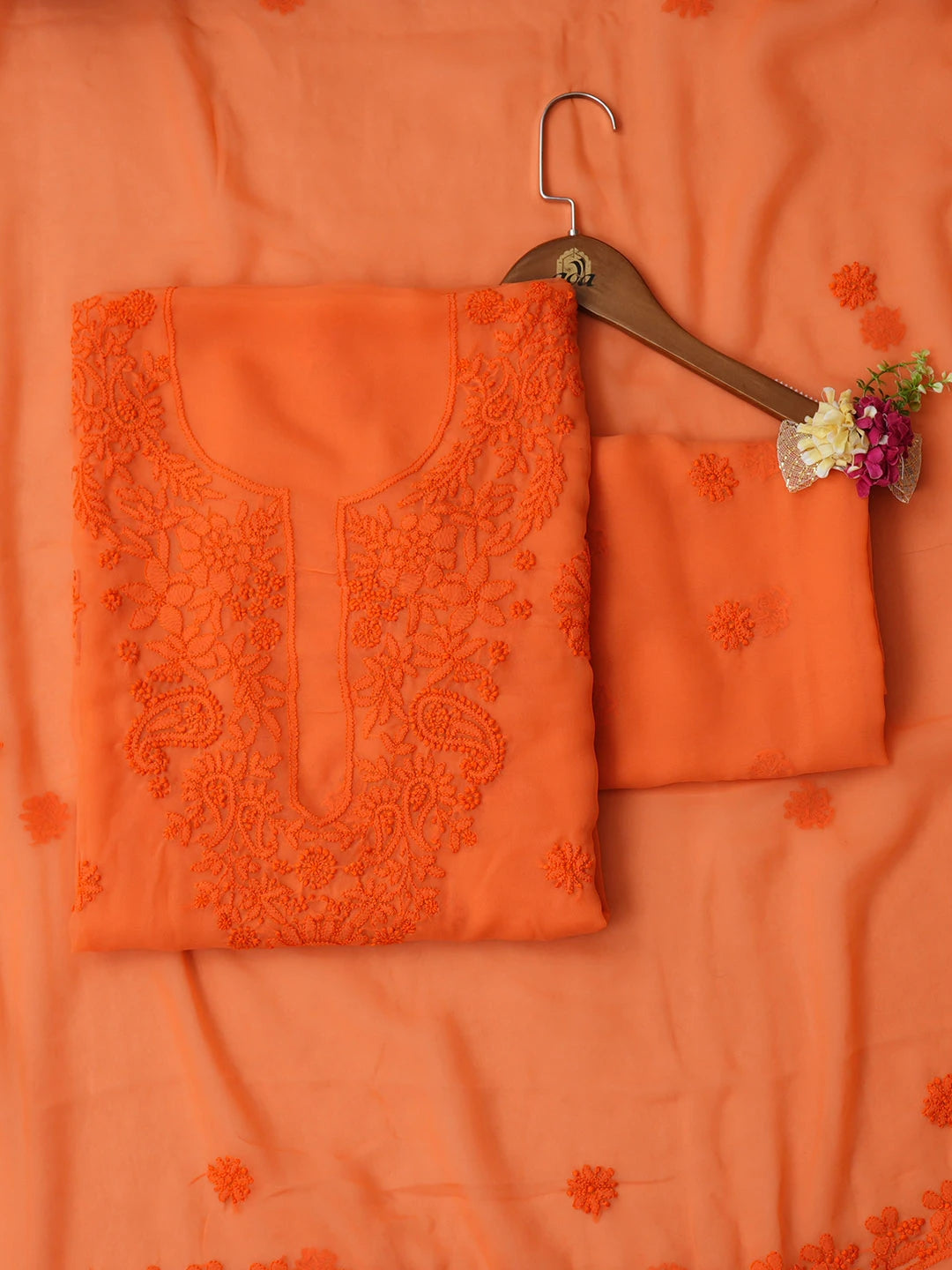 Ada Hand Embroidered Orange Faux Georgette Lucknowi Chikankari Unstitched Suit Piece 01A966622