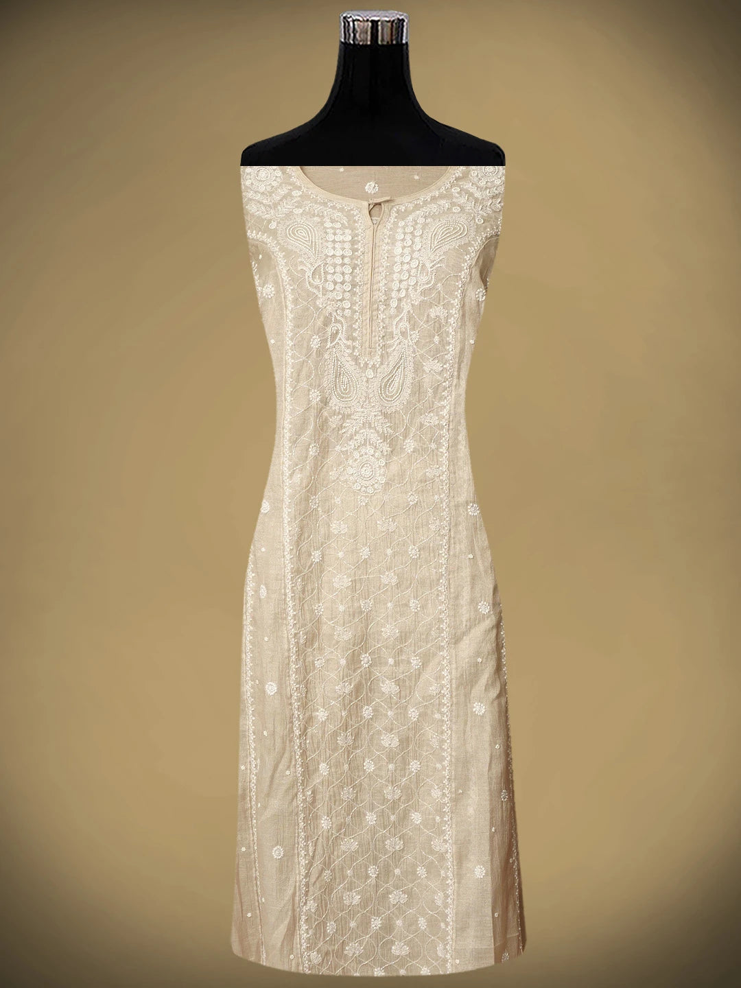 Ada Hand Embroidered Fawn Tissue Lucknowi Chikankari Semi Stitched Kurta Dupatta Set With Pearl Work 01A968189