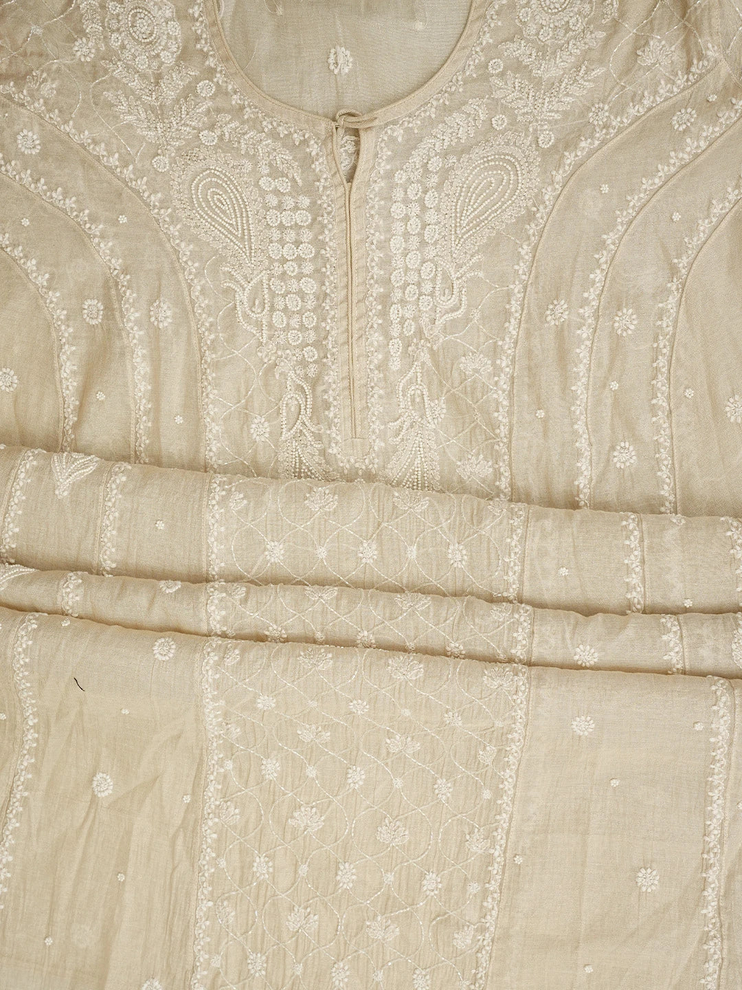 Ada Hand Embroidered Fawn Tissue Lucknowi Chikankari Semi Stitched Kurta Dupatta Set With Pearl Work 01A968189