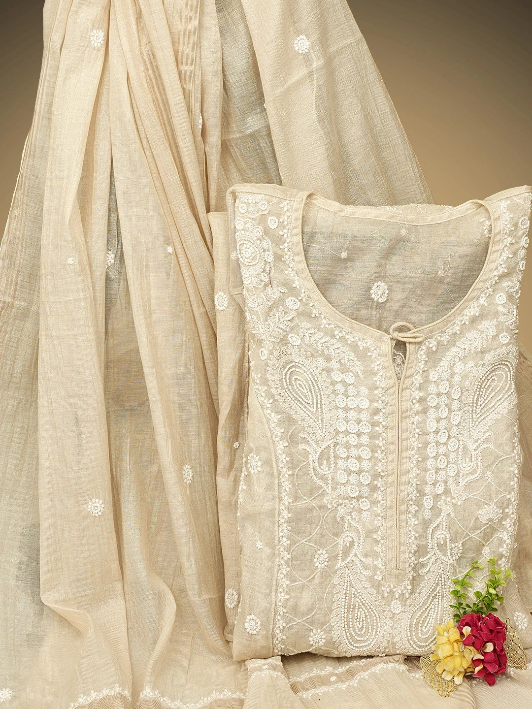 Ada Hand Embroidered Fawn Tissue Lucknowi Chikankari Semi Stitched Kurta Dupatta Set With Pearl Work 01A968189