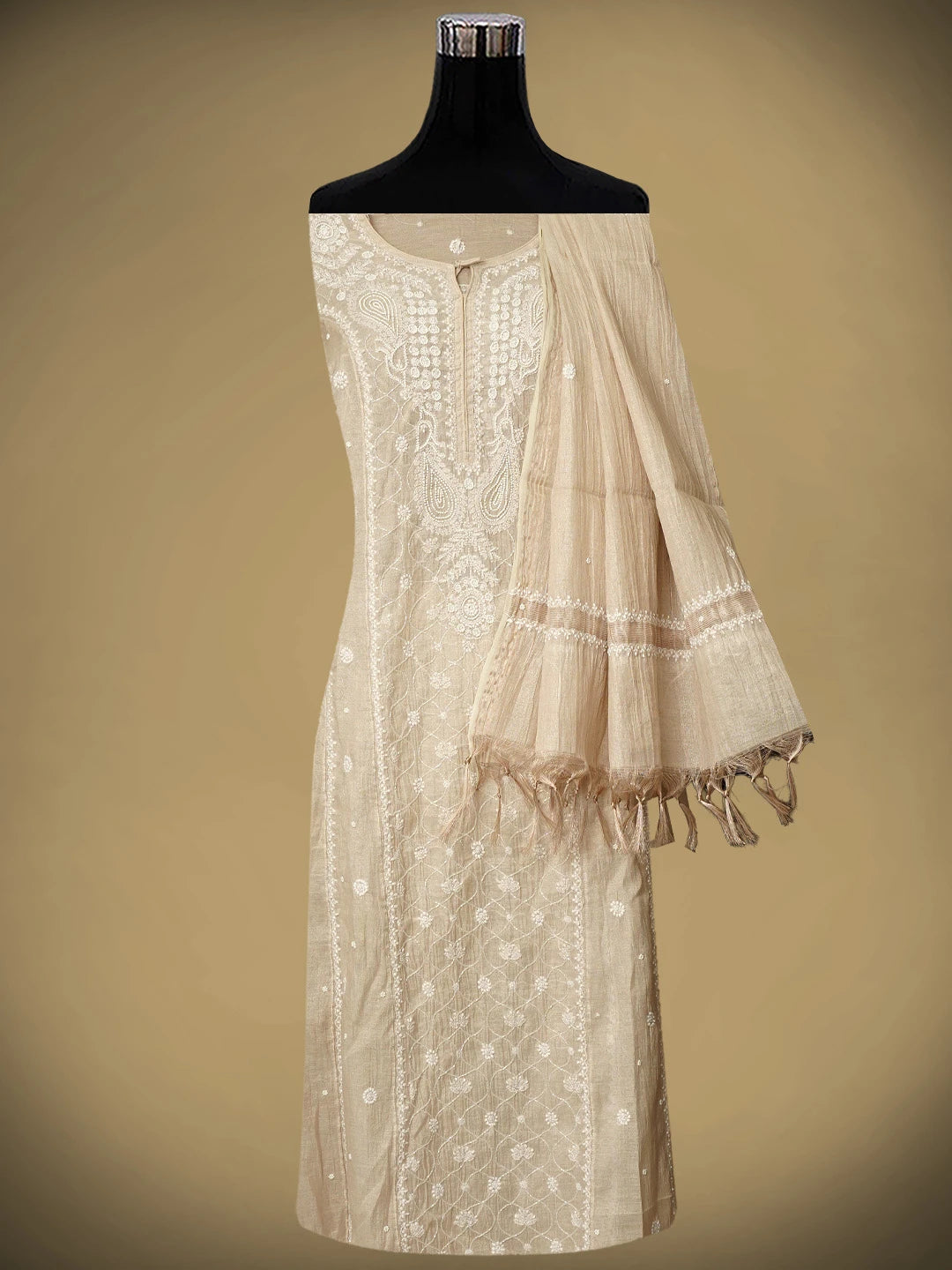 Ada Hand Embroidered Fawn Tissue Lucknowi Chikankari Semi Stitched Kurta Dupatta Set With Pearl Work 01A968189