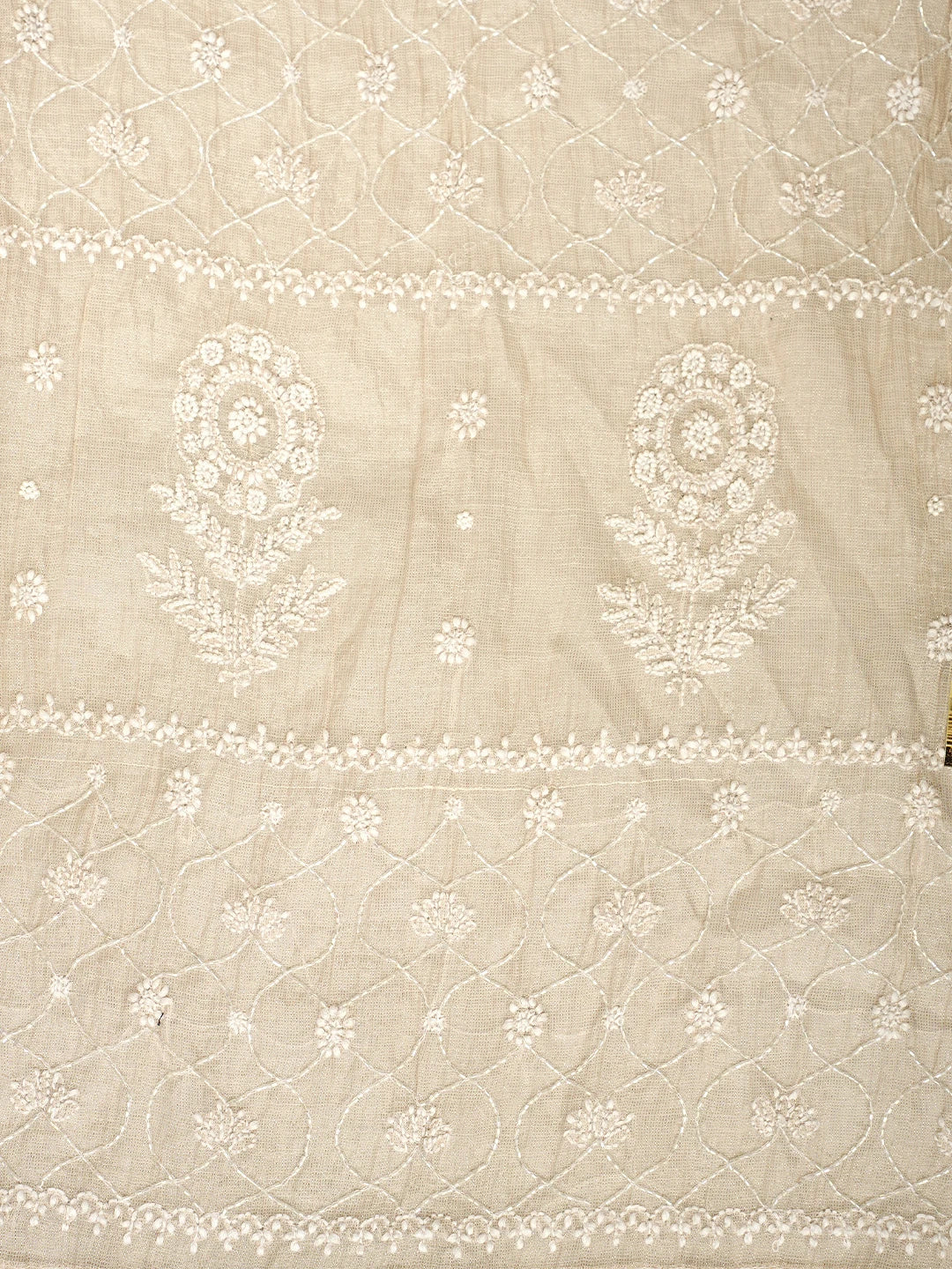 Ada Hand Embroidered Fawn Tissue Lucknowi Chikankari Semi Stitched Kurta Dupatta Set With Pearl Work 01A968189