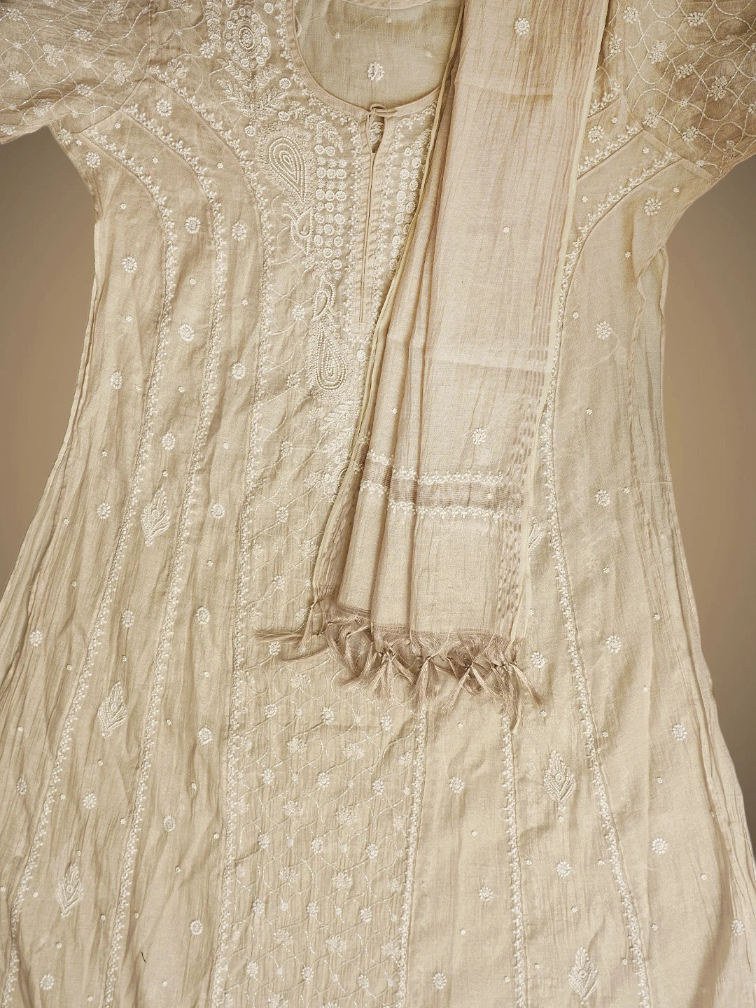 Ada Hand Embroidered Fawn Tissue Lucknowi Chikankari Semi Stitched Kurta Dupatta Set With Pearl Work 01A968189