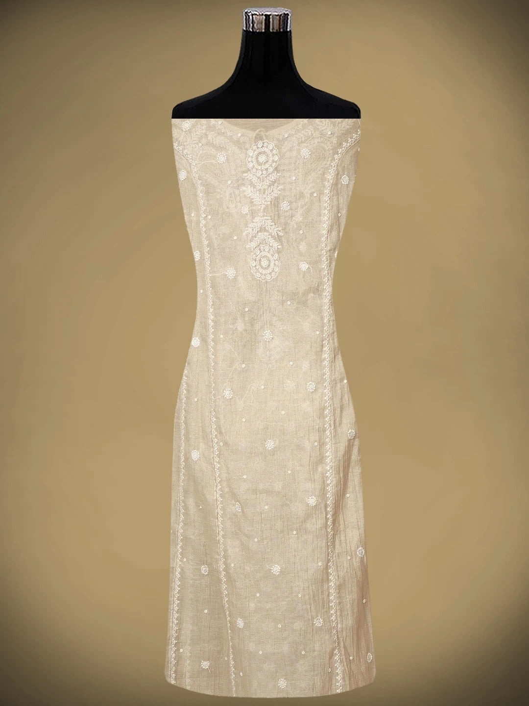 Ada Hand Embroidered Fawn Tissue Lucknowi Chikankari Semi Stitched Kurta Dupatta Set With Pearl Work 01A968189