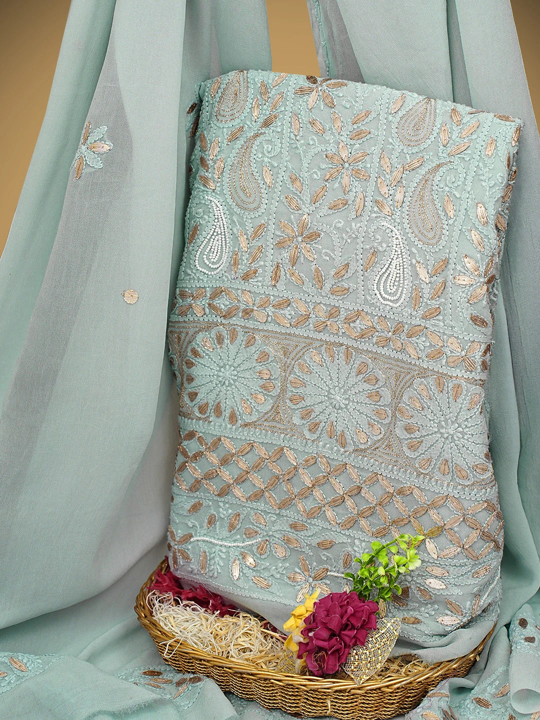 Ada Hand Embroidered Grey Viscose Georgette Lucknowi Chikankari Unstitched Kurta Dupatta Set With Gota Patti Work 01A951208