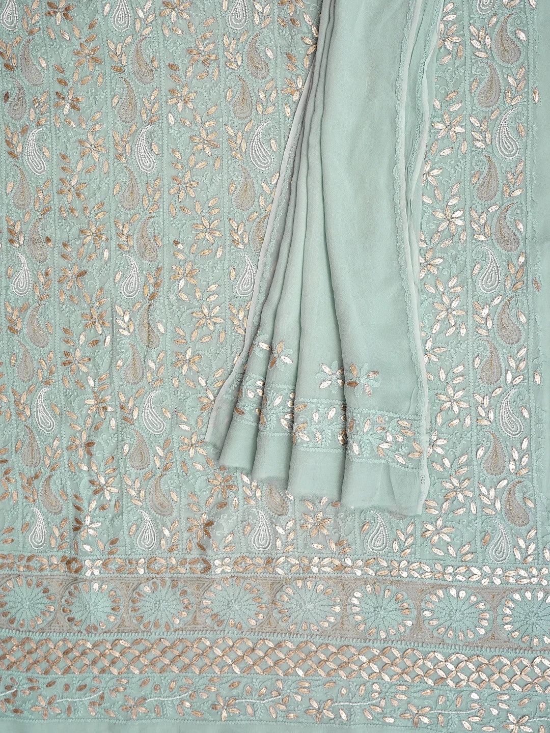 Ada Hand Embroidered Grey Viscose Georgette Lucknowi Chikankari Unstitched Kurta Dupatta Set With Gota Patti Work 01A951208
