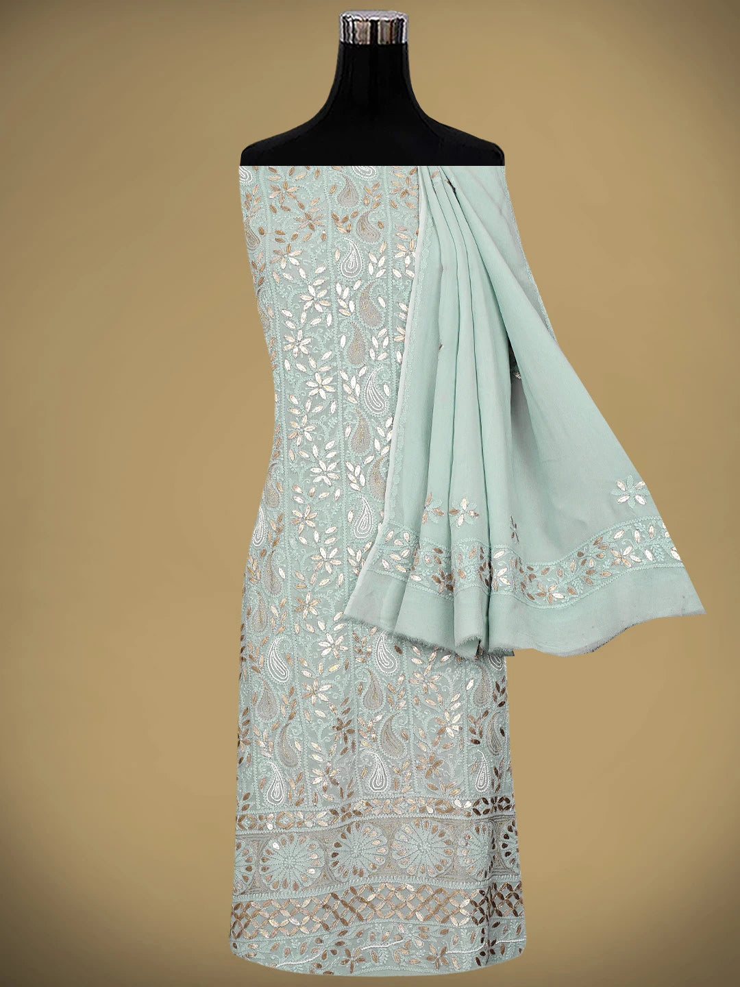 Ada Hand Embroidered Grey Viscose Georgette Lucknowi Chikankari Unstitched Kurta Dupatta Set With Gota Patti Work 01A951208