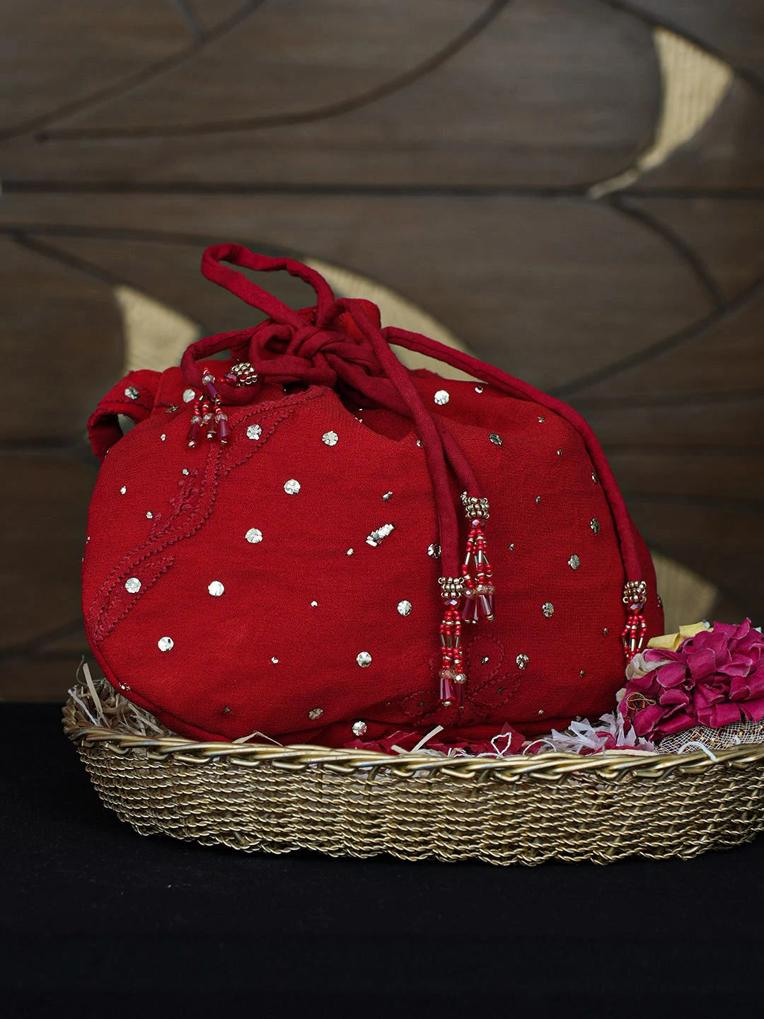 Ada Hand Embroidered Red Viscosse Georgette Lucknowi Chikankari Potli Bag With Muqaish/Mukaish Work 01A977988