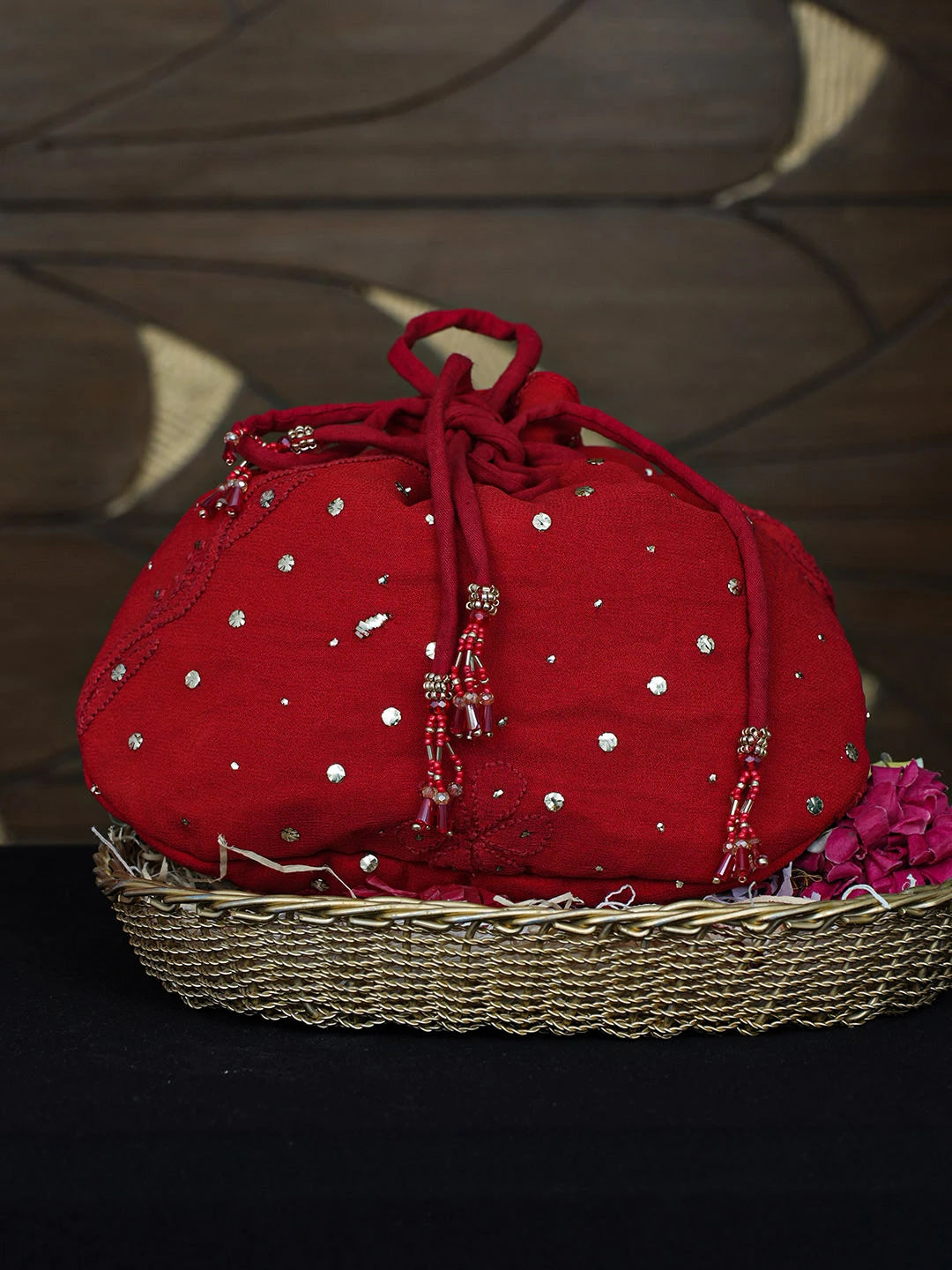 Ada Hand Embroidered Red Viscosse Georgette Lucknowi Chikankari Potli Bag With Muqaish/Mukaish Work 01A977988
