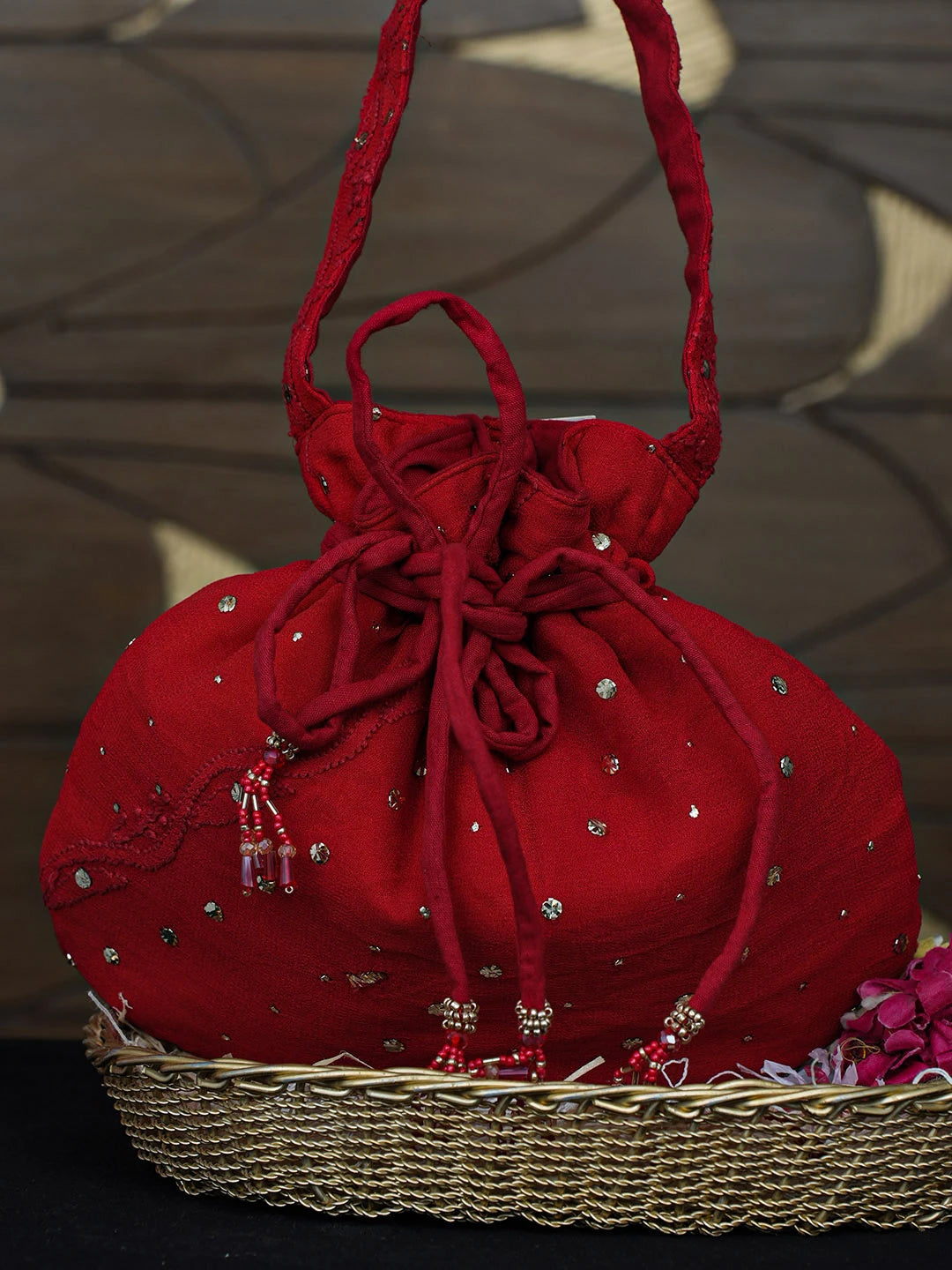 Ada Hand Embroidered Red Viscosse Georgette Lucknowi Chikankari Potli Bag With Muqaish/Mukaish Work 01A977988