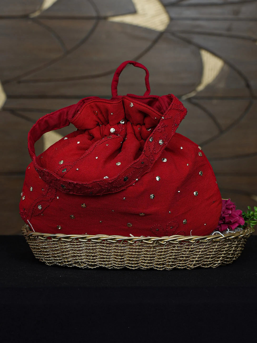 Ada Hand Embroidered Red Viscosse Georgette Lucknowi Chikankari Potli Bag With Muqaish/Mukaish Work 01A977988