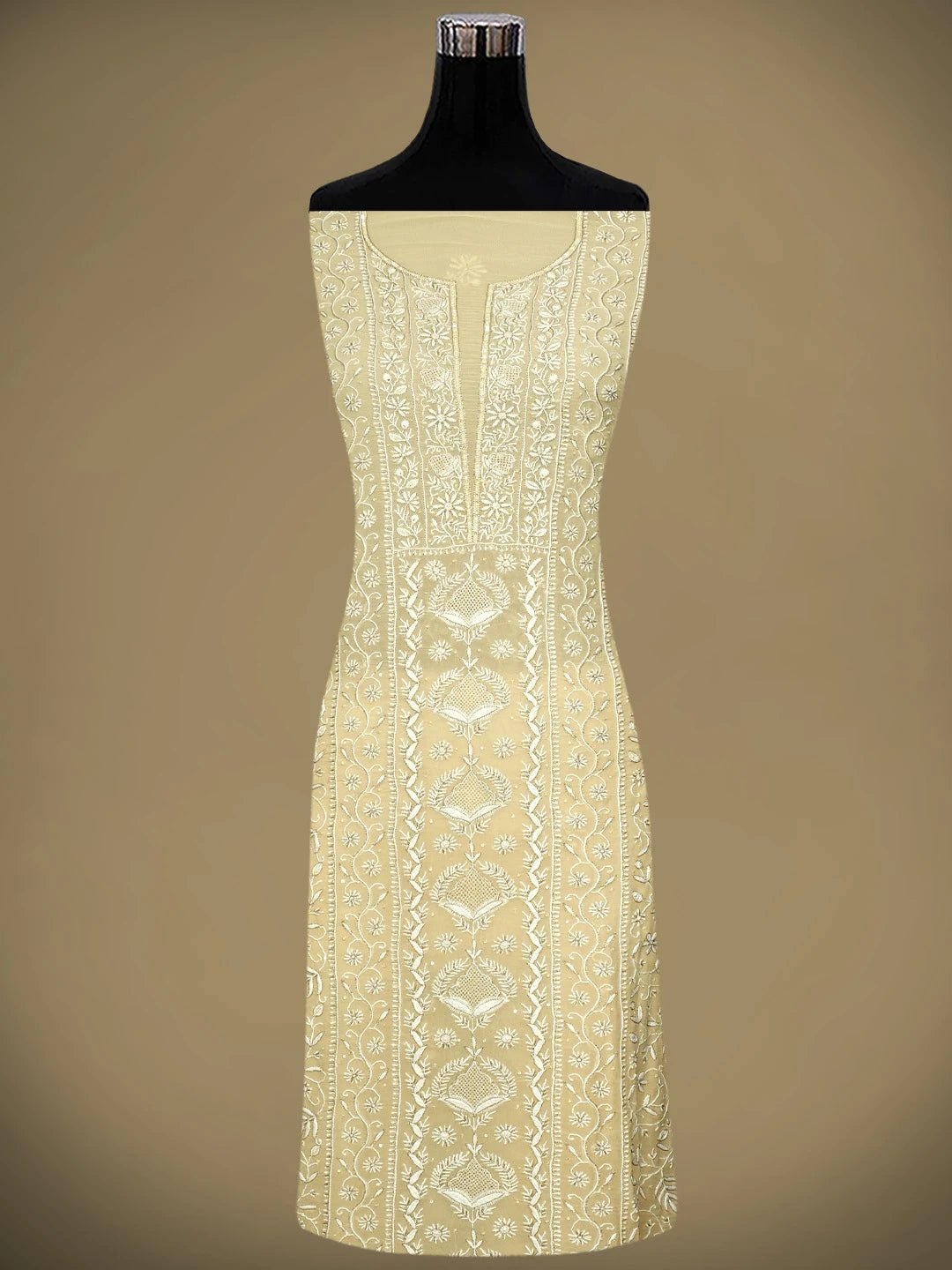 Ada Hand Embroidered Beige Pure Georgette Lucknowi Chikankari Unstitched Kurta Dupatta Set With Sequinned Work 01A792190