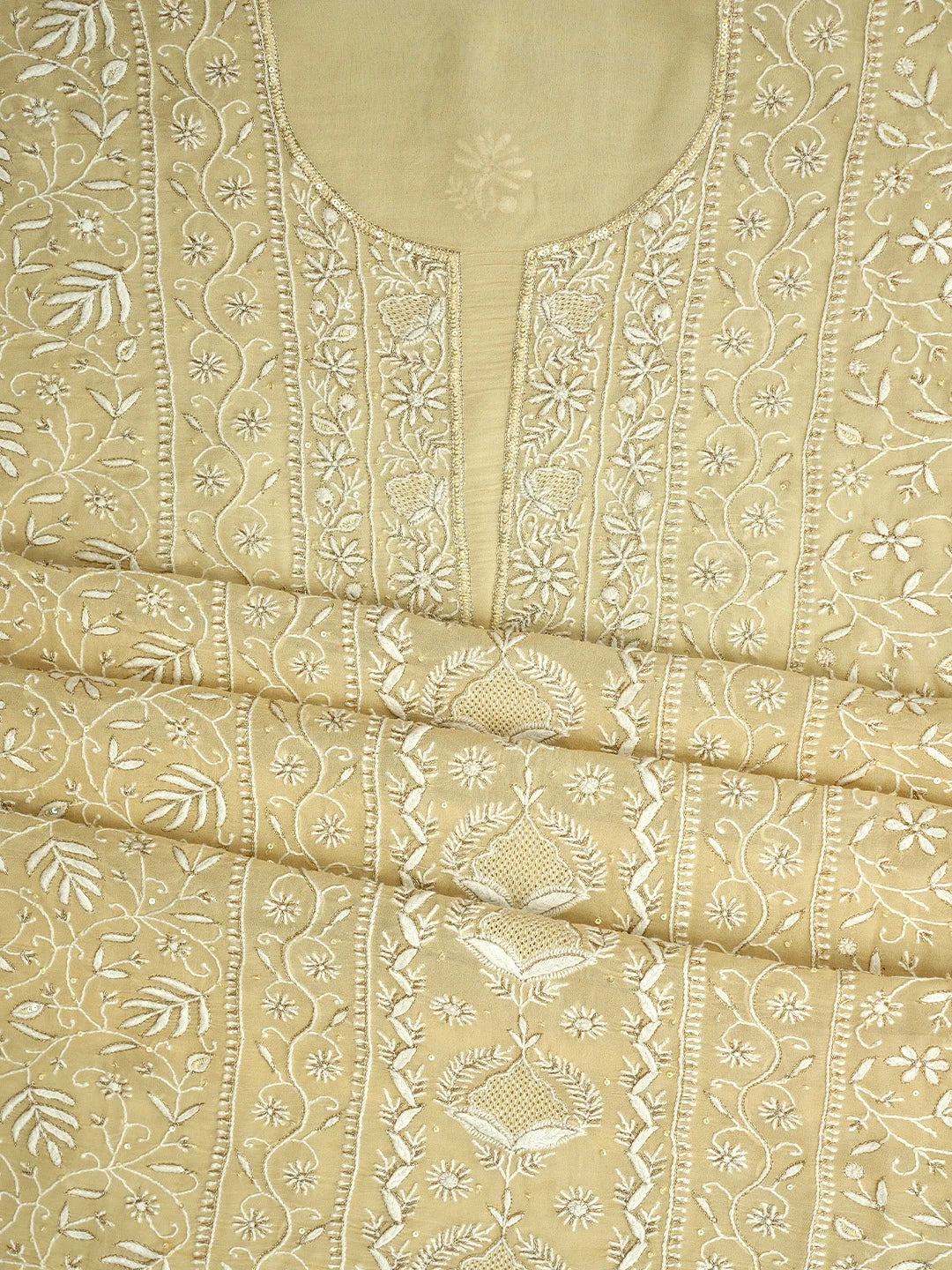 Ada Hand Embroidered Beige Pure Georgette Lucknowi Chikankari Unstitched Kurta Dupatta Set With Sequinned Work 01A792190